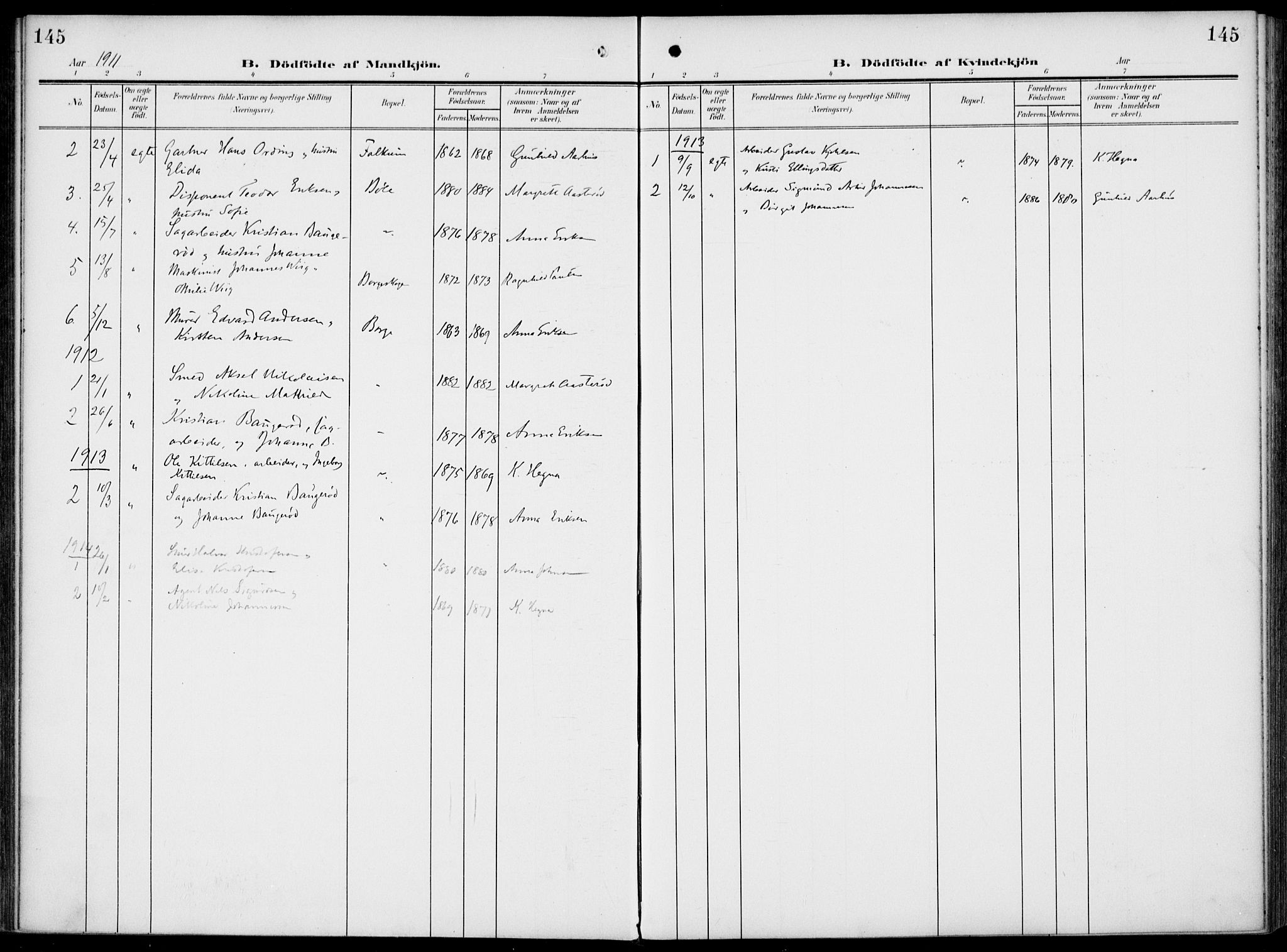 Gjerpen kirkebøker, SAKO/A-265/F/Fa/L0012: Parish register (official) no. I 12, 1905-1913, p. 145