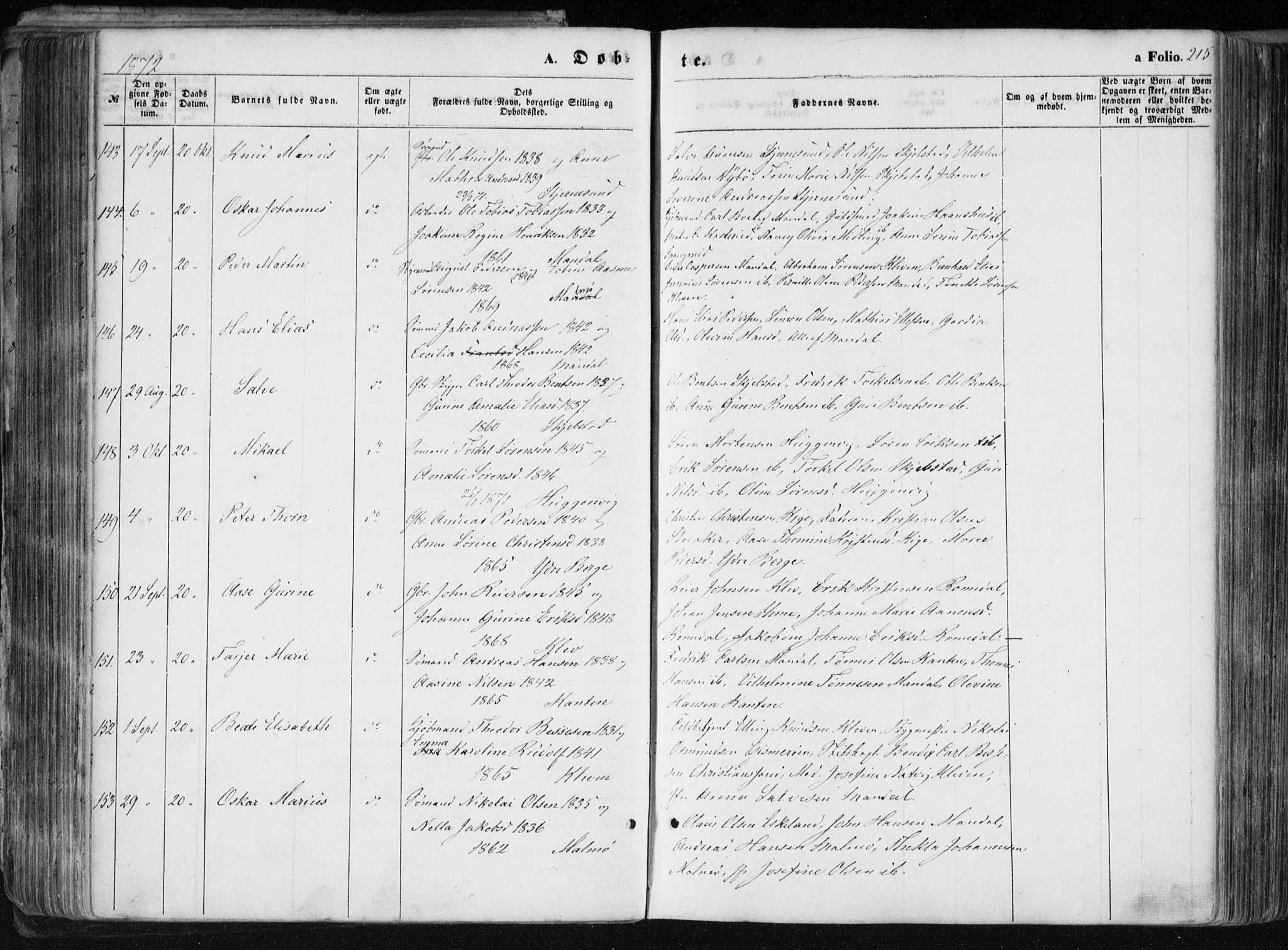 Mandal sokneprestkontor, SAK/1111-0030/F/Fa/Faa/L0014: Parish register (official) no. A 14, 1859-1872, p. 215