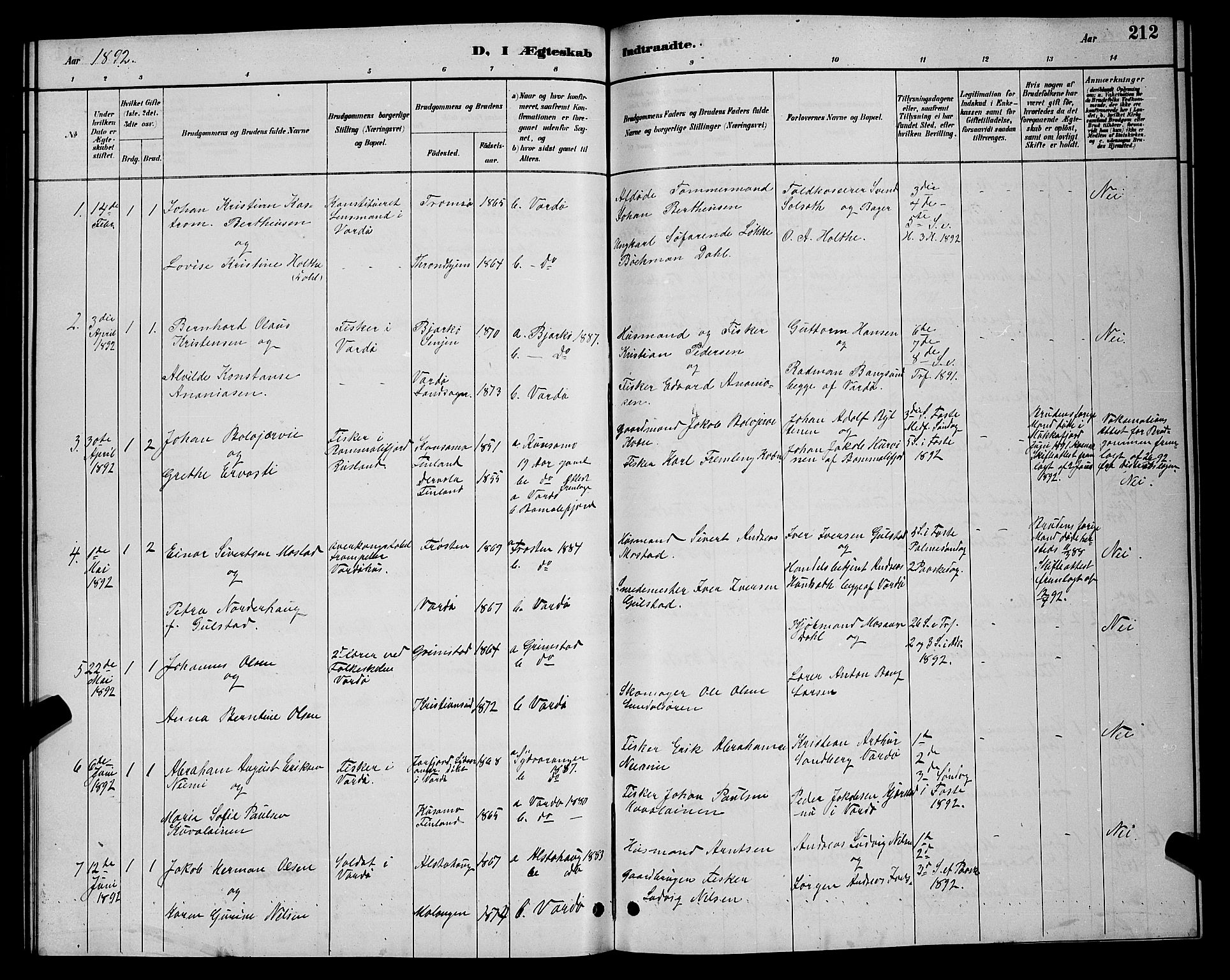 Vardø sokneprestkontor, SATØ/S-1332/H/Hb/L0005klokker: Parish register (copy) no. 5, 1887-1892, p. 212