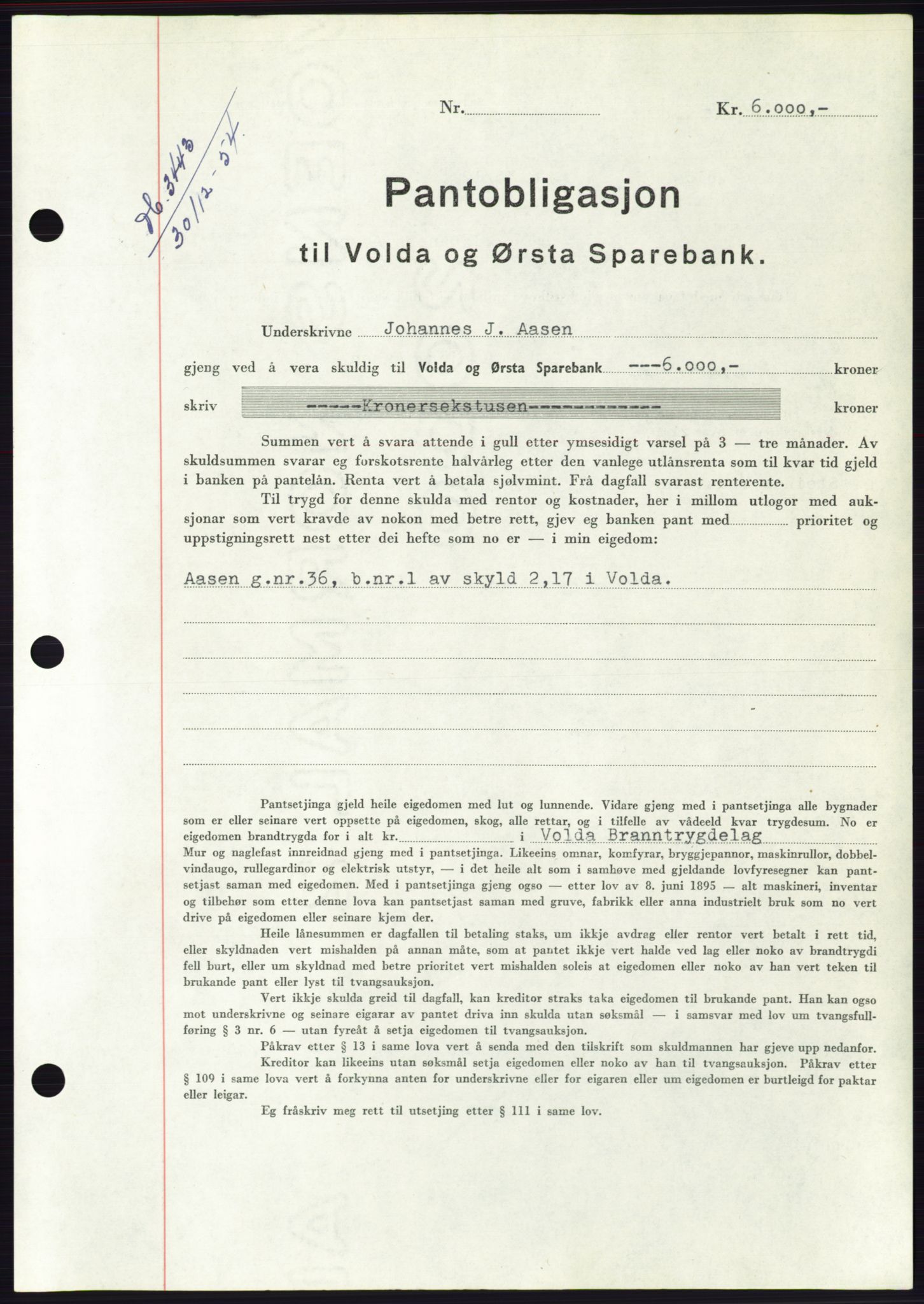 Søre Sunnmøre sorenskriveri, AV/SAT-A-4122/1/2/2C/L0126: Mortgage book no. 14B, 1954-1955, Diary no: : 3443/1954