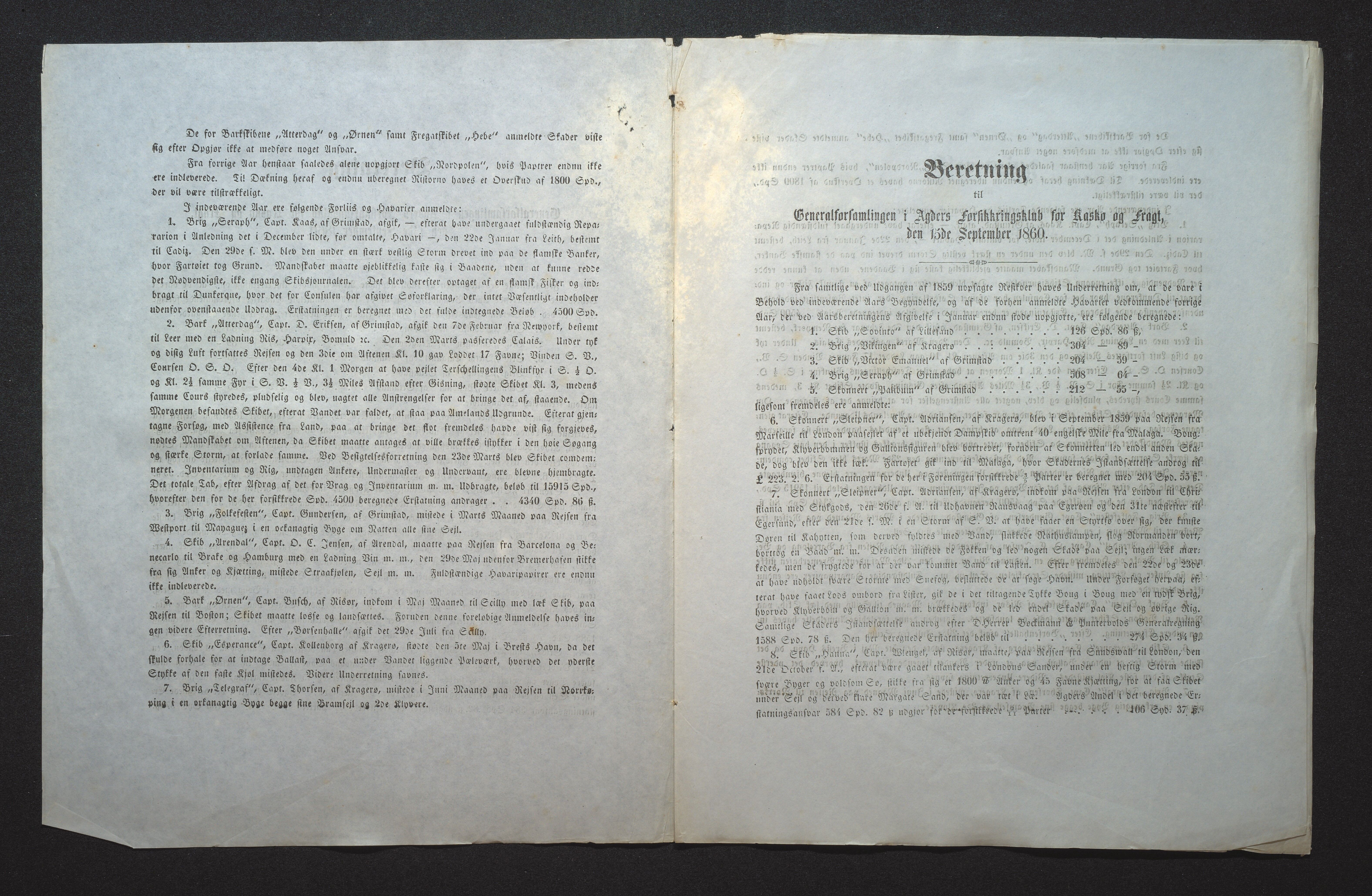 Agders Gjensidige Assuranceforening, AAKS/PA-1718/05/L0001: Regnskap, seilavdeling, pakkesak, 1855-1880