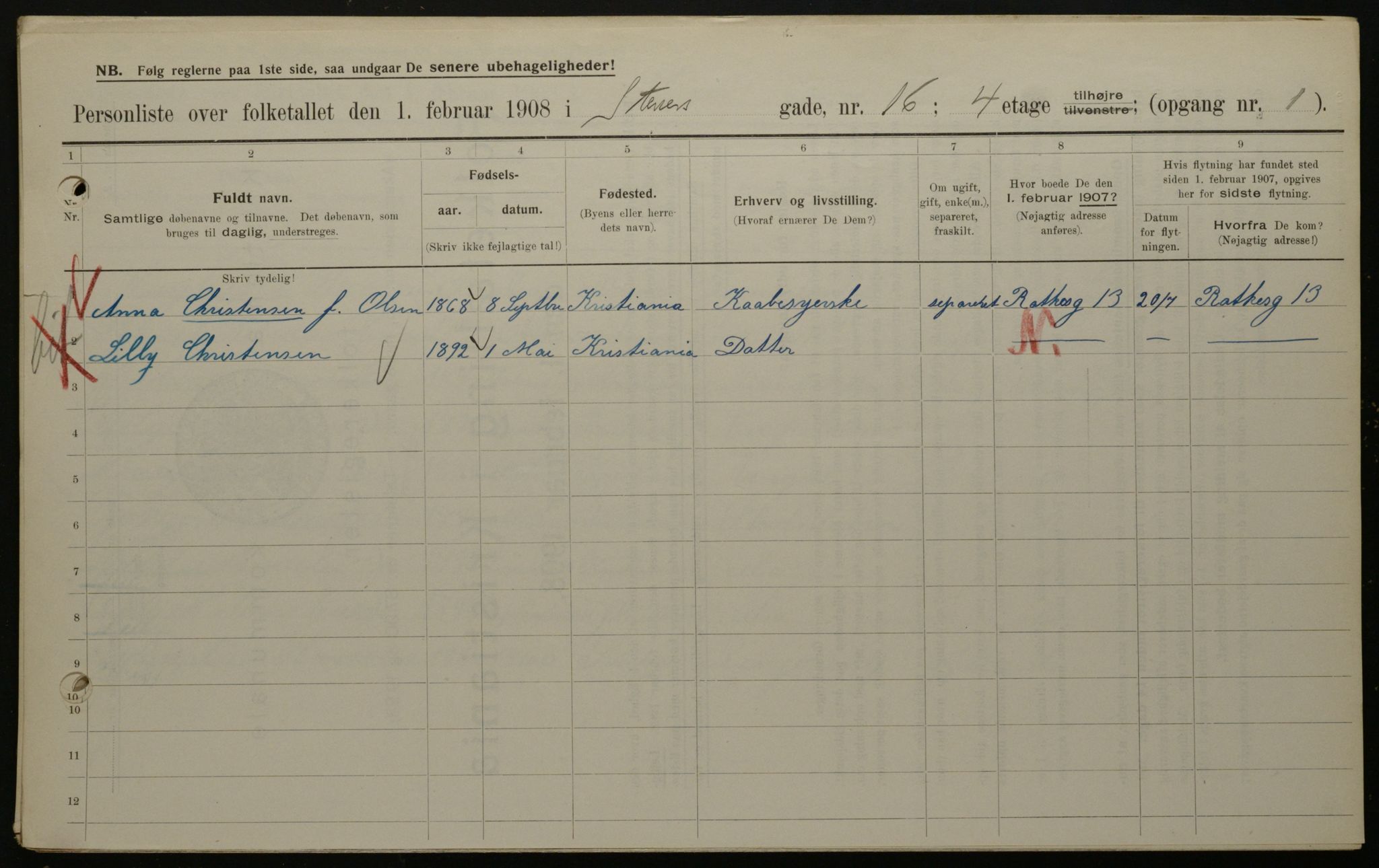 OBA, Municipal Census 1908 for Kristiania, 1908, p. 91197