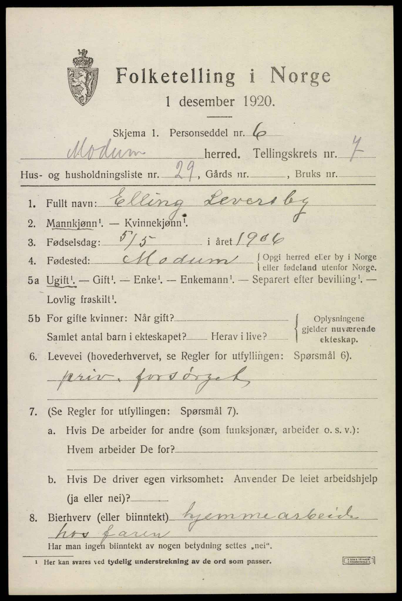 SAKO, 1920 census for Modum, 1920, p. 10017