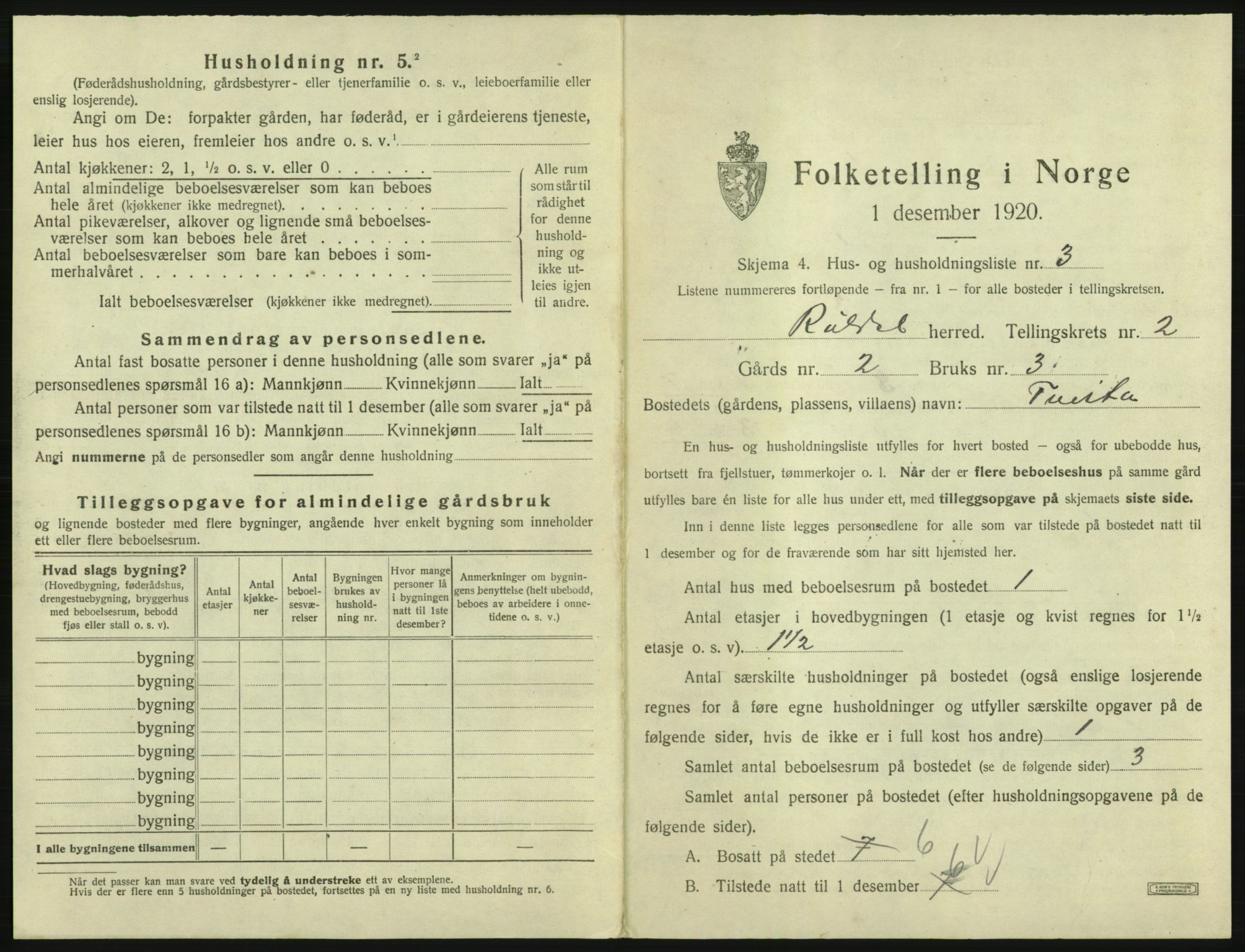 SAB, 1920 census for Røldal, 1920, p. 100