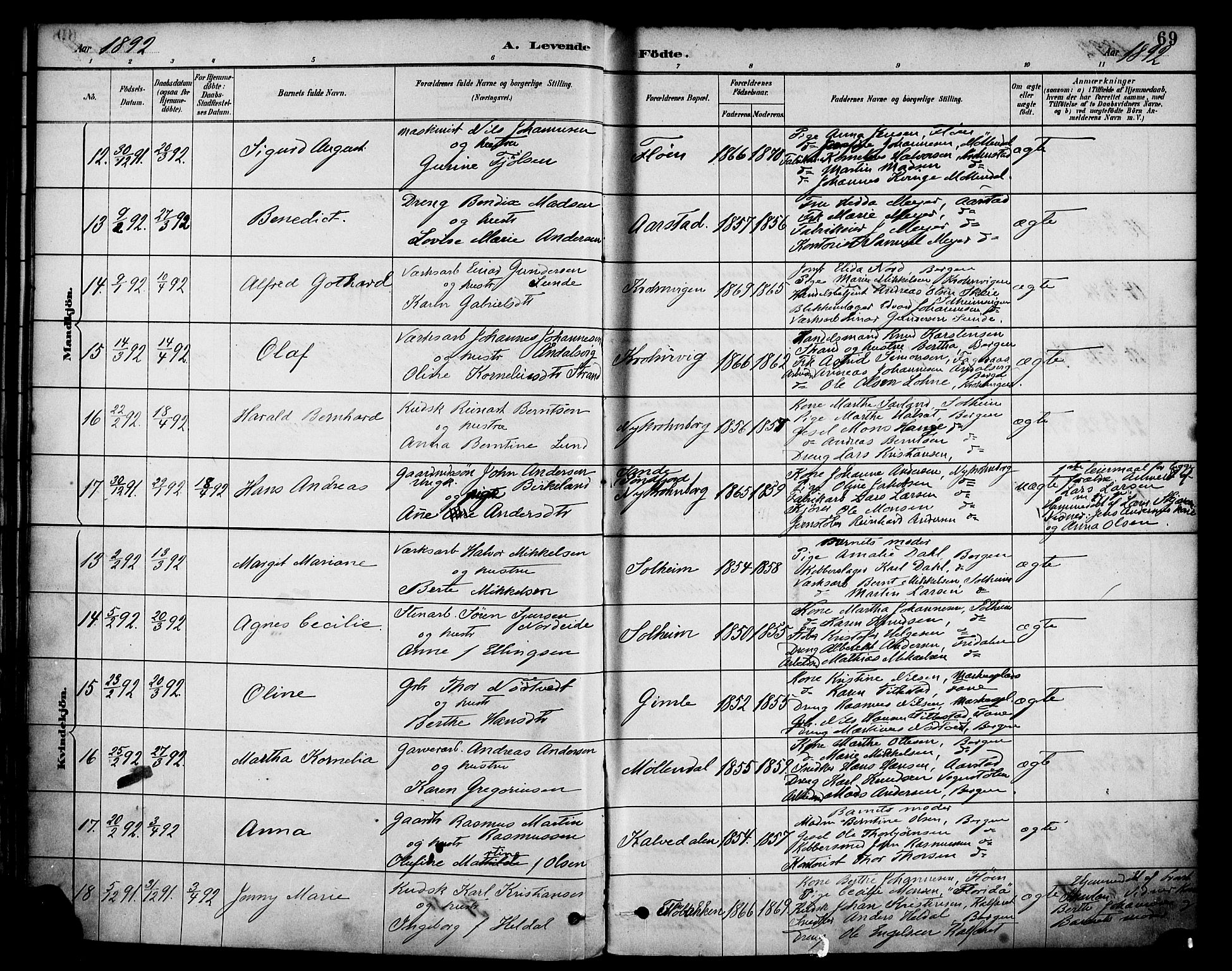 Årstad Sokneprestembete, AV/SAB-A-79301/H/Haa/L0001: Parish register (official) no. A 1, 1886-1901, p. 69