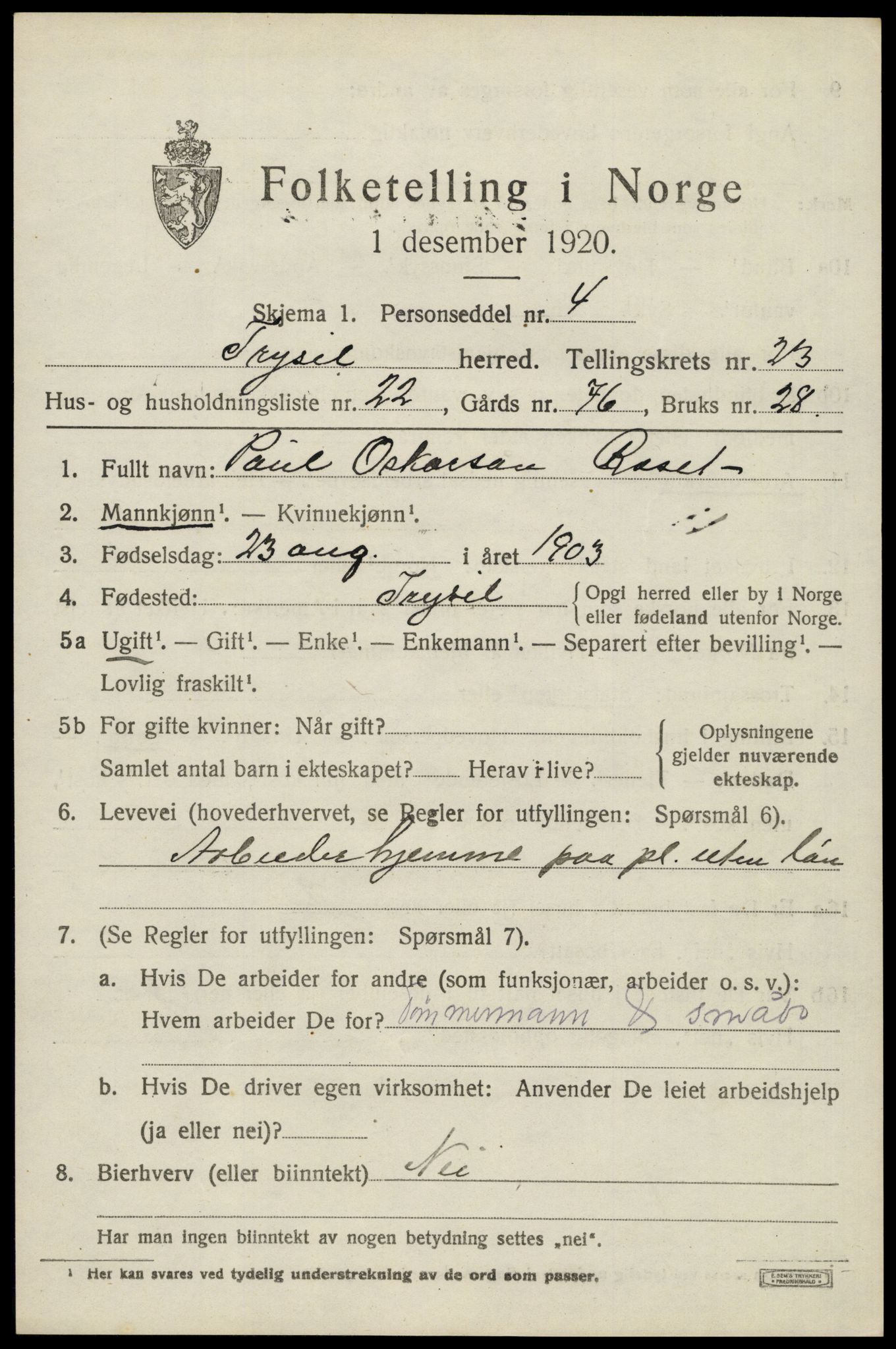 SAH, 1920 census for Trysil, 1920, p. 15115