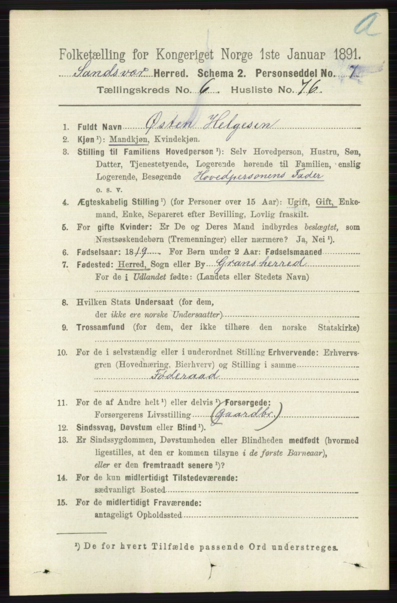 RA, 1891 census for 0629 Sandsvær, 1891, p. 3886