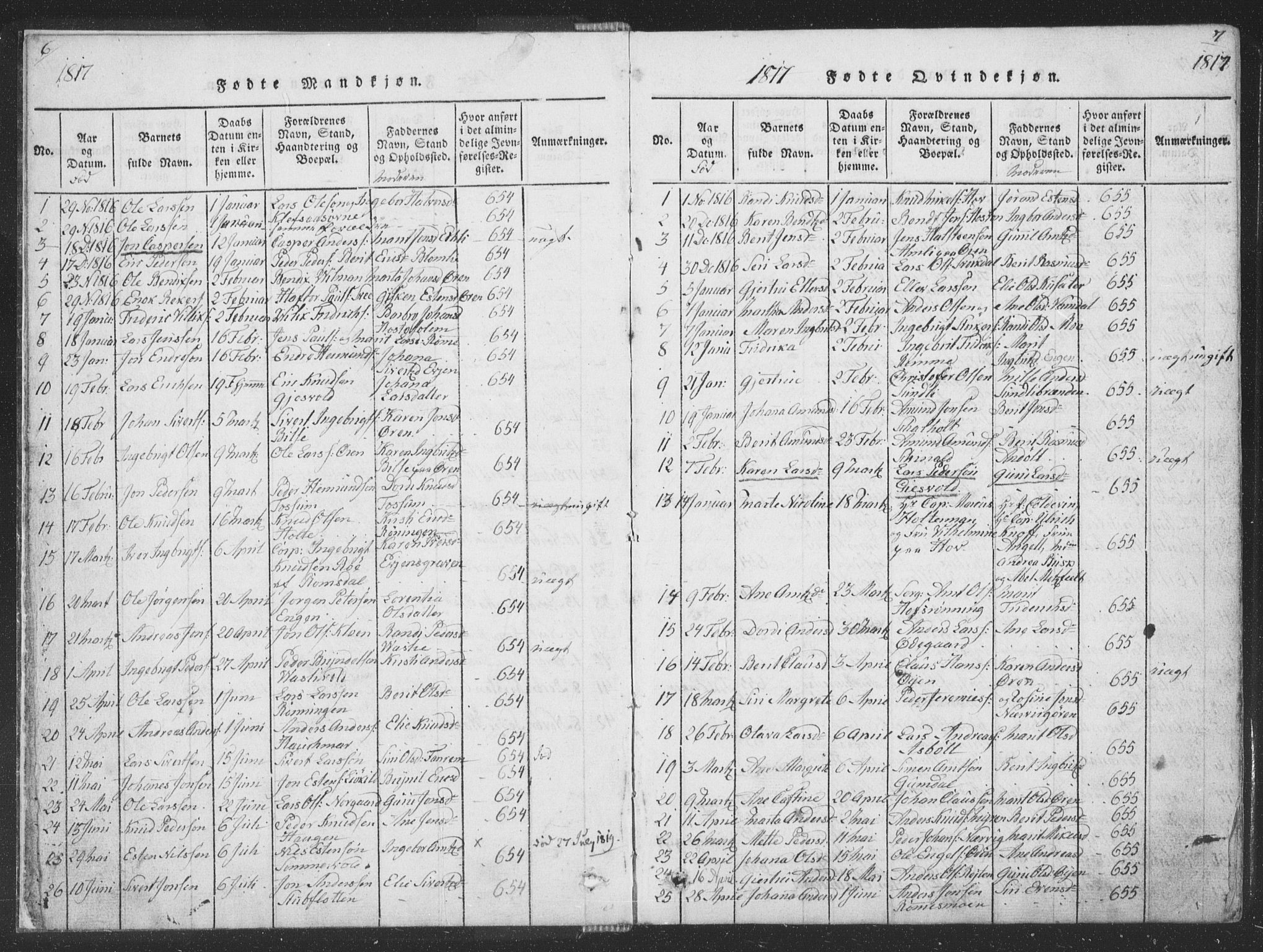 Ministerialprotokoller, klokkerbøker og fødselsregistre - Sør-Trøndelag, SAT/A-1456/668/L0816: Parish register (copy) no. 668C05, 1816-1893, p. 6-7