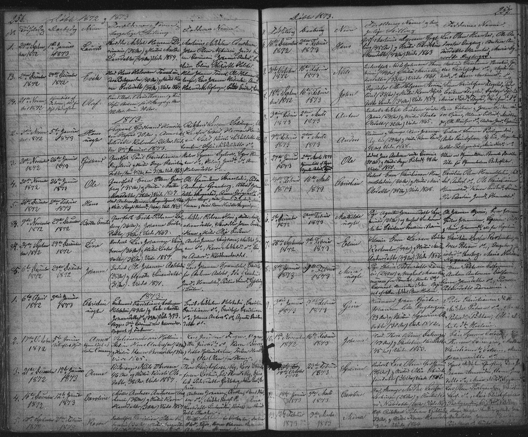Vang prestekontor, Hedmark, SAH/PREST-008/H/Ha/Hab/L0010A: Parish register (copy) no. 10a, 1854-1896, p. 256-257