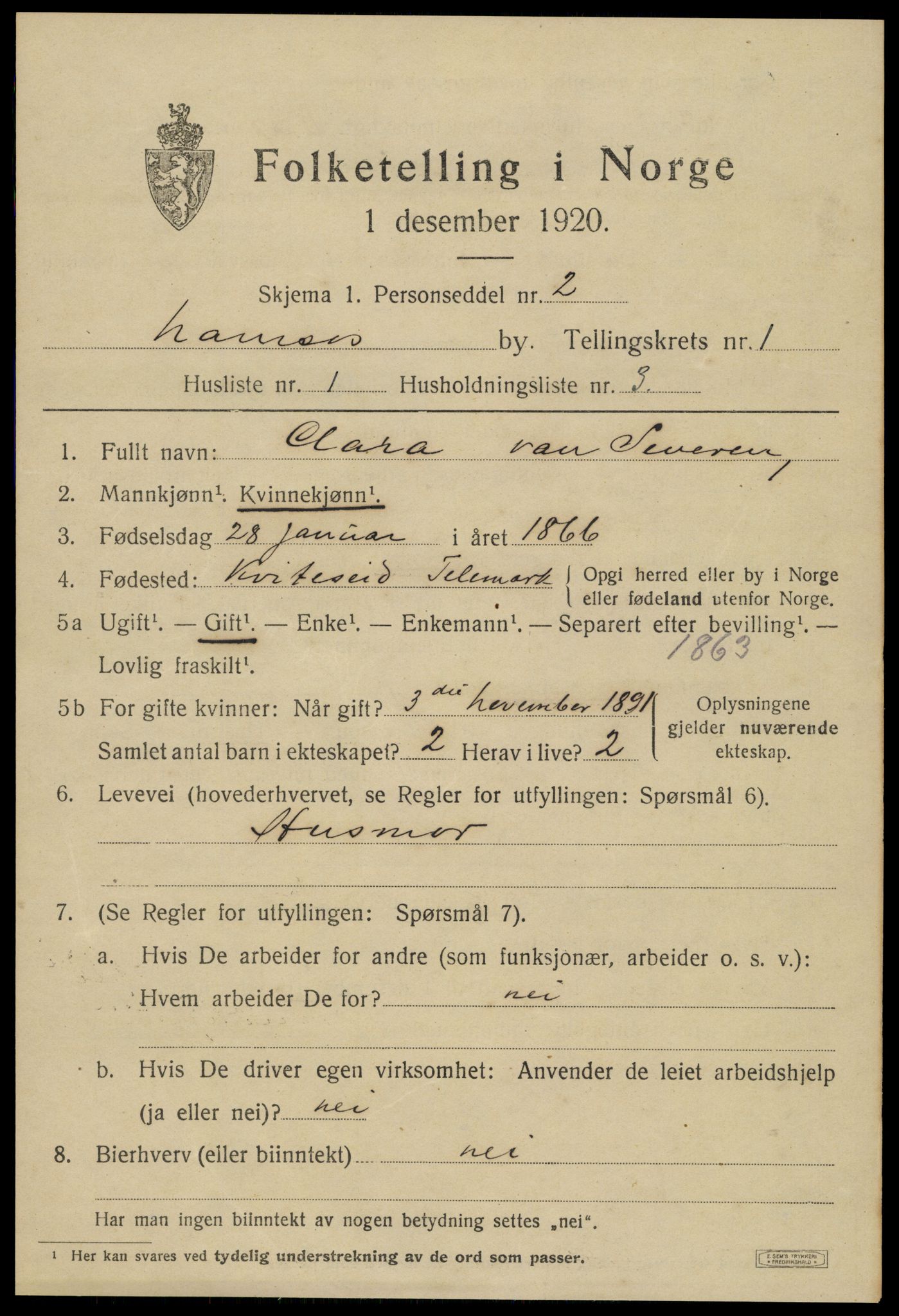 SAT, 1920 census for Namsos, 1920, p. 2033