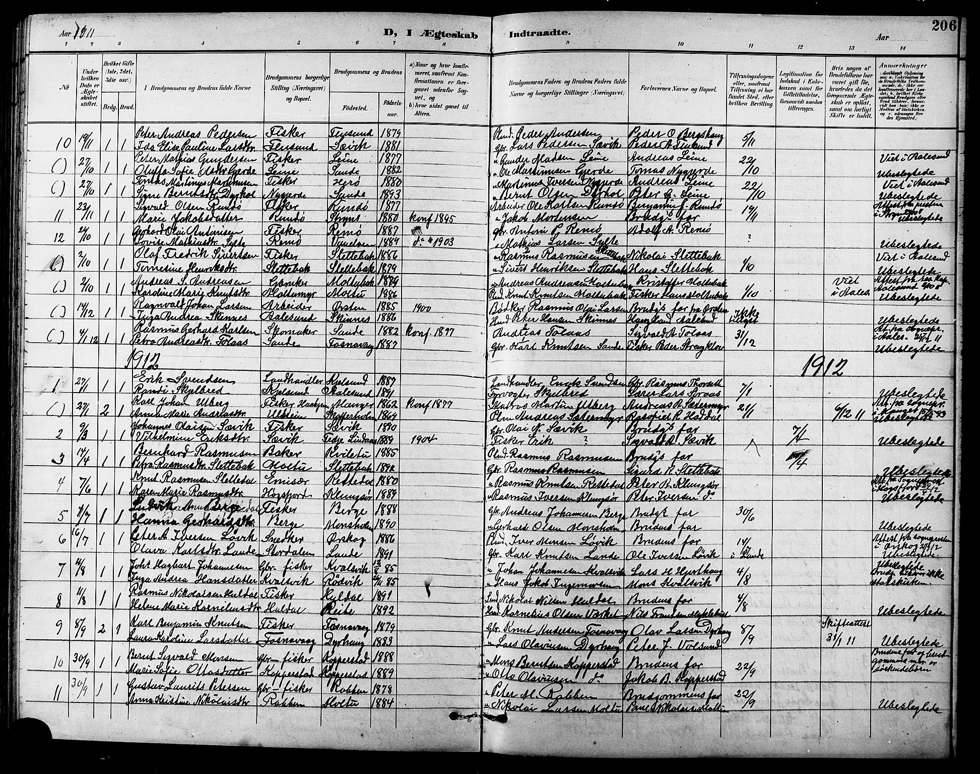 Ministerialprotokoller, klokkerbøker og fødselsregistre - Møre og Romsdal, AV/SAT-A-1454/507/L0082: Parish register (copy) no. 507C05, 1896-1914, p. 206