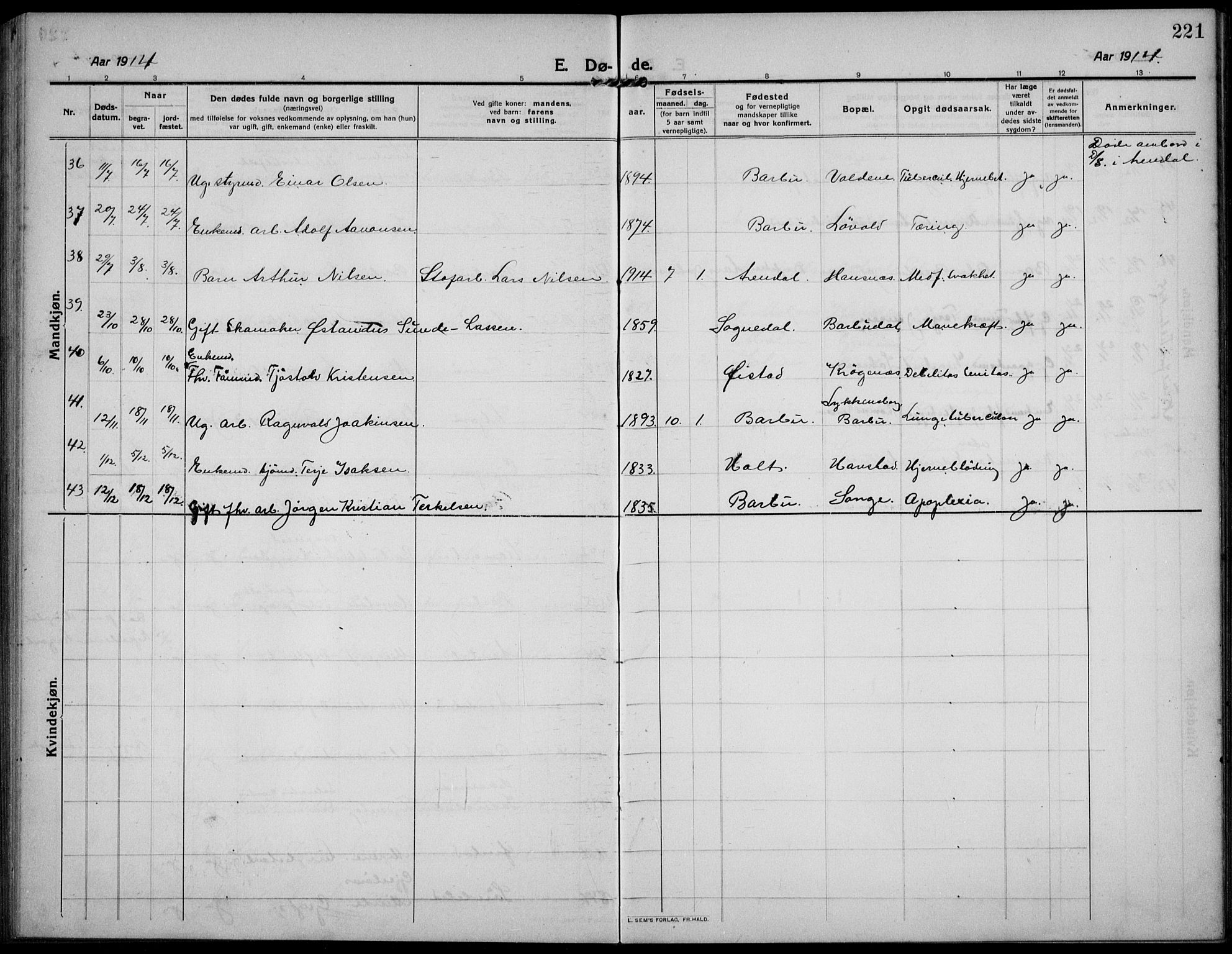 Barbu sokneprestkontor, AV/SAK-1111-0003/F/Fb/L0004: Parish register (copy) no. B 4, 1911-1936, p. 221