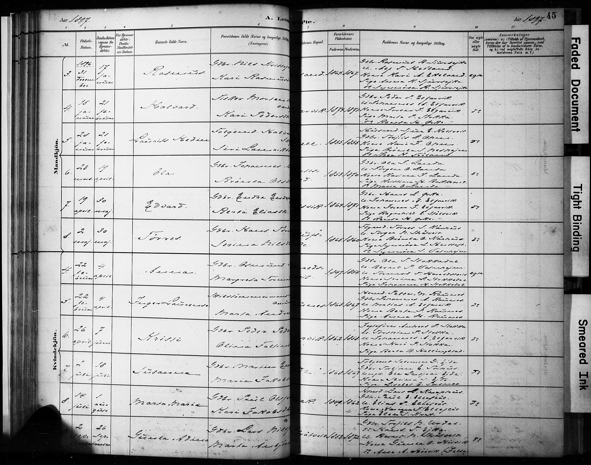 Skjold sokneprestkontor, AV/SAST-A-101847/H/Ha/Haa/L0009: Parish register (official) no. A 9, 1882-1898, p. 45