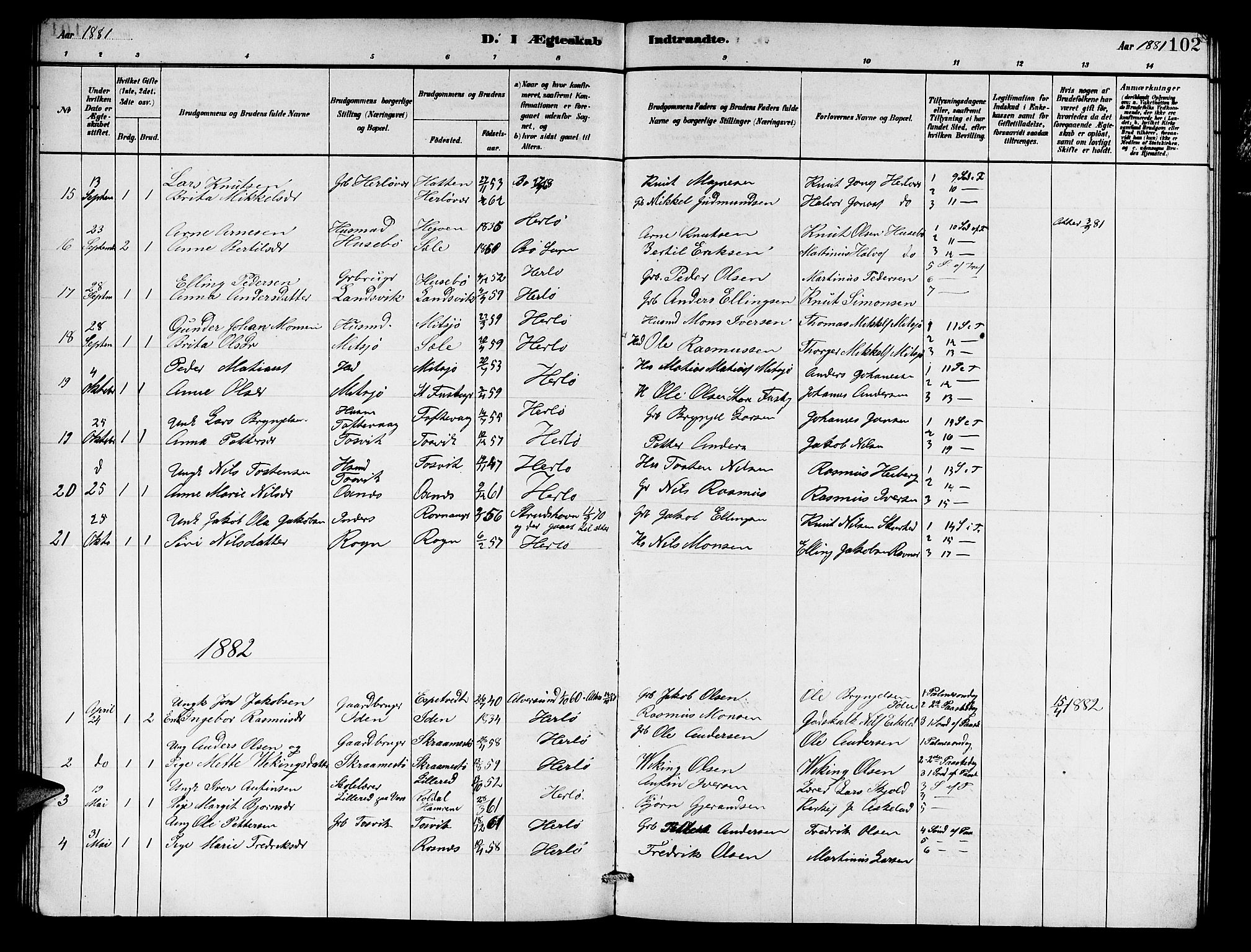 Herdla Sokneprestembete, SAB/A-75701/H/Hab: Parish register (copy) no. A 2, 1881-1888, p. 102