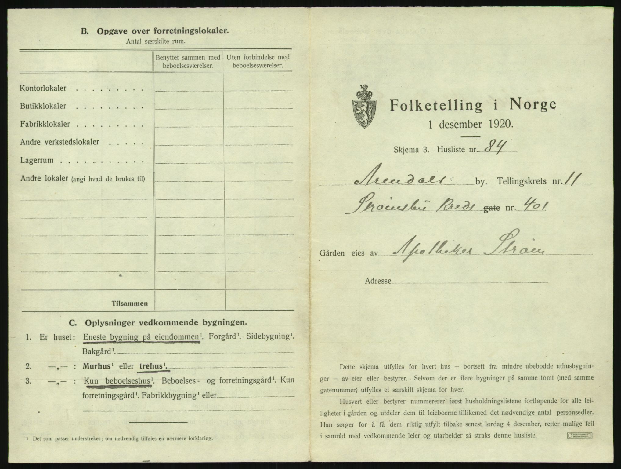 SAK, 1920 census for Arendal, 1920, p. 1640