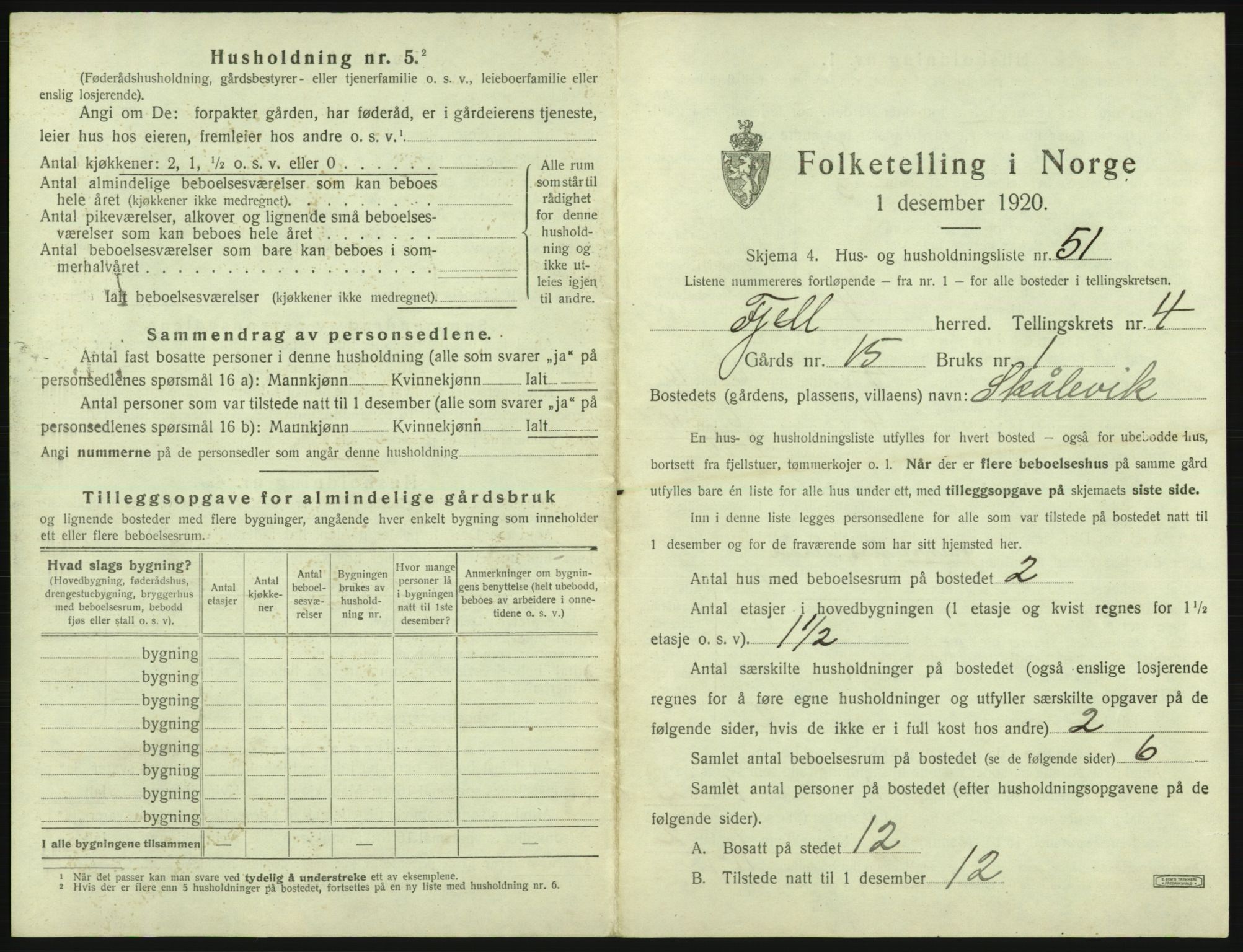 SAB, 1920 census for Fjell, 1920, p. 496