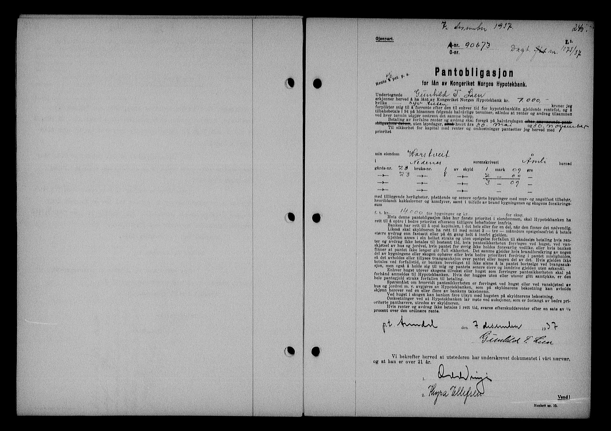 Nedenes sorenskriveri, AV/SAK-1221-0006/G/Gb/Gba/L0044: Mortgage book no. 40, 1937-1938, Diary no: : 1075/1937