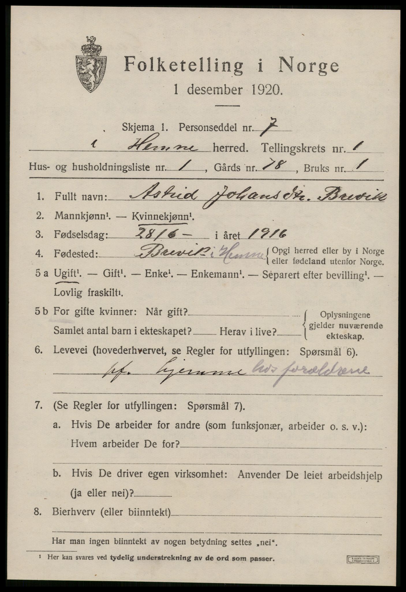 SAT, 1920 census for Hemne, 1920, p. 1248