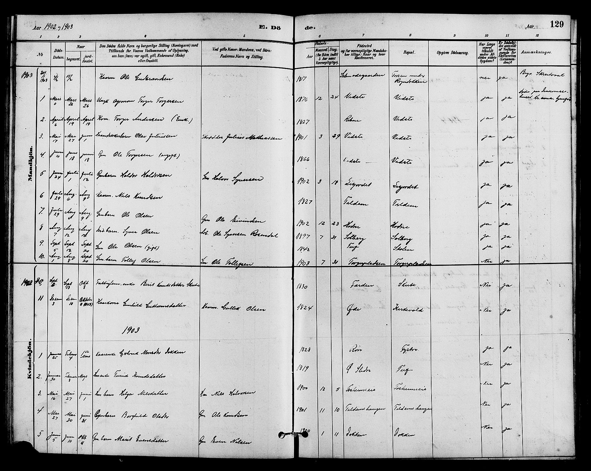 Vestre Slidre prestekontor, SAH/PREST-136/H/Ha/Hab/L0005: Parish register (copy) no. 5, 1881-1913, p. 129