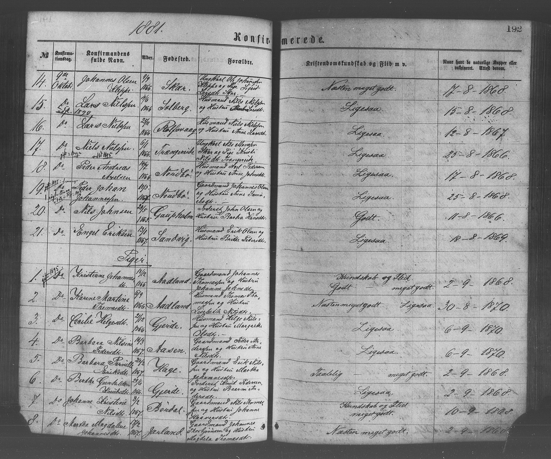 Os sokneprestembete, SAB/A-99929: Parish register (official) no. A 18, 1874-1884, p. 192