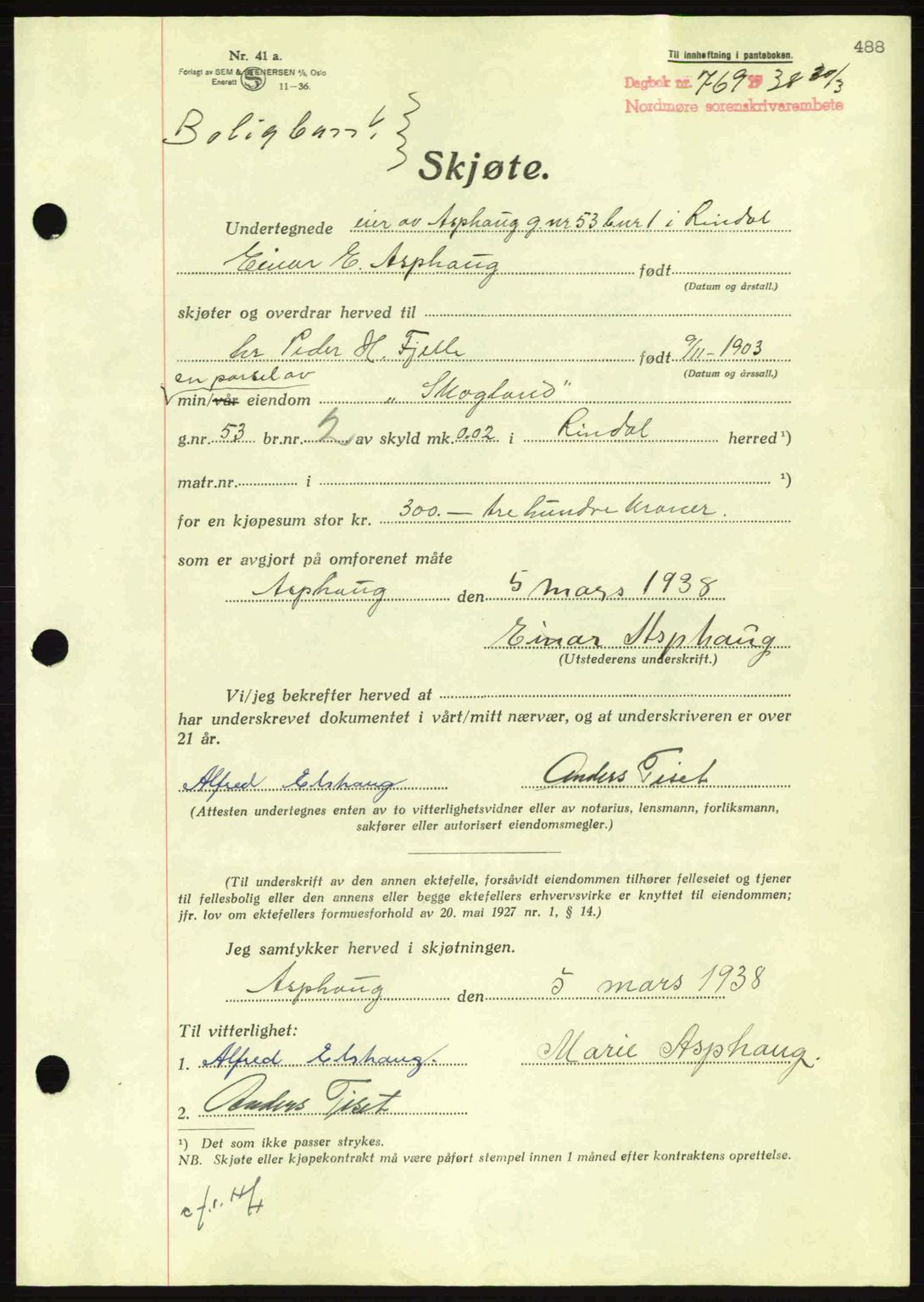 Nordmøre sorenskriveri, AV/SAT-A-4132/1/2/2Ca: Mortgage book no. A83, 1938-1938, Diary no: : 769/1938