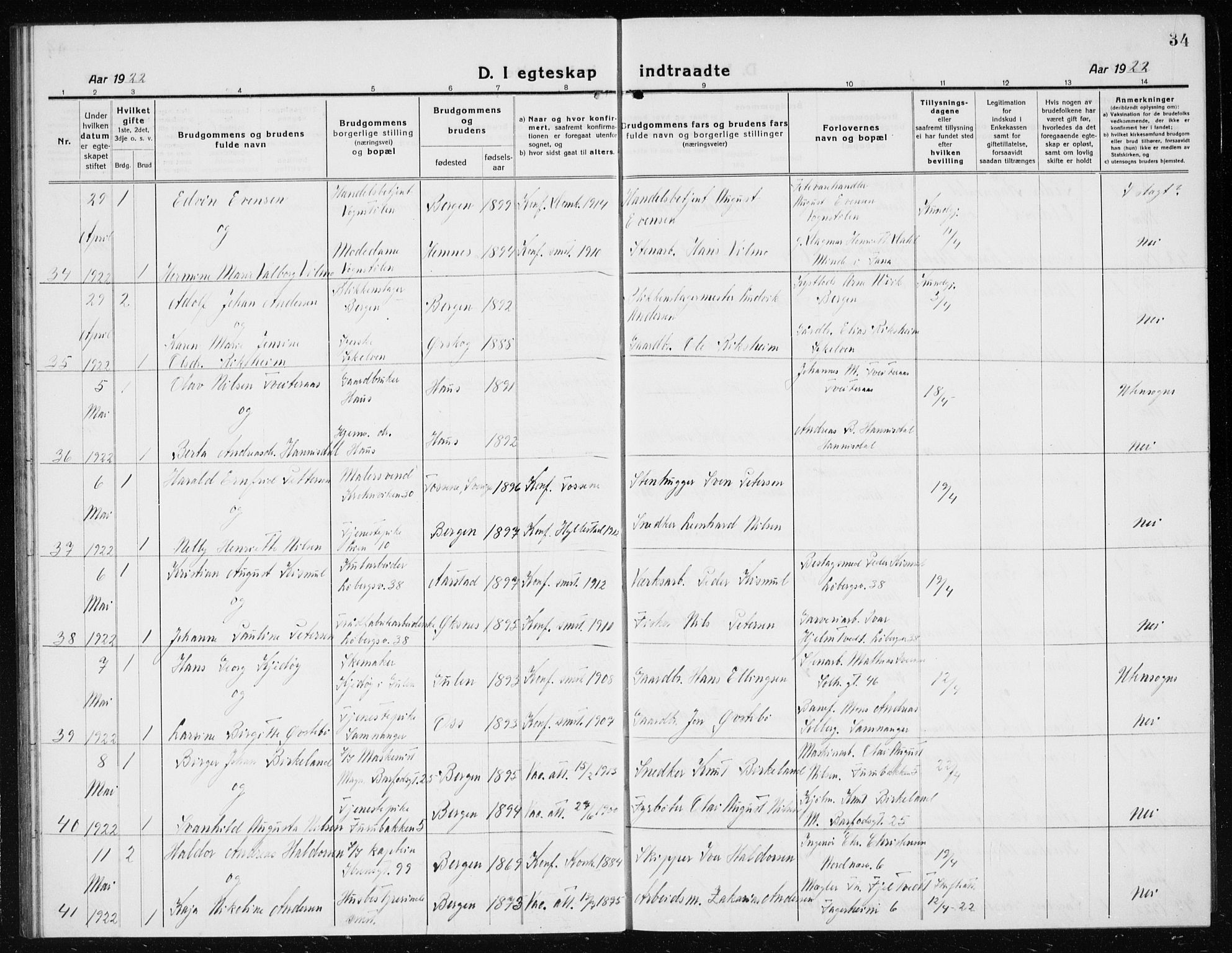 Årstad Sokneprestembete, AV/SAB-A-79301/H/Hab/L0020: Parish register (copy) no. C  2, 1920-1935, p. 34