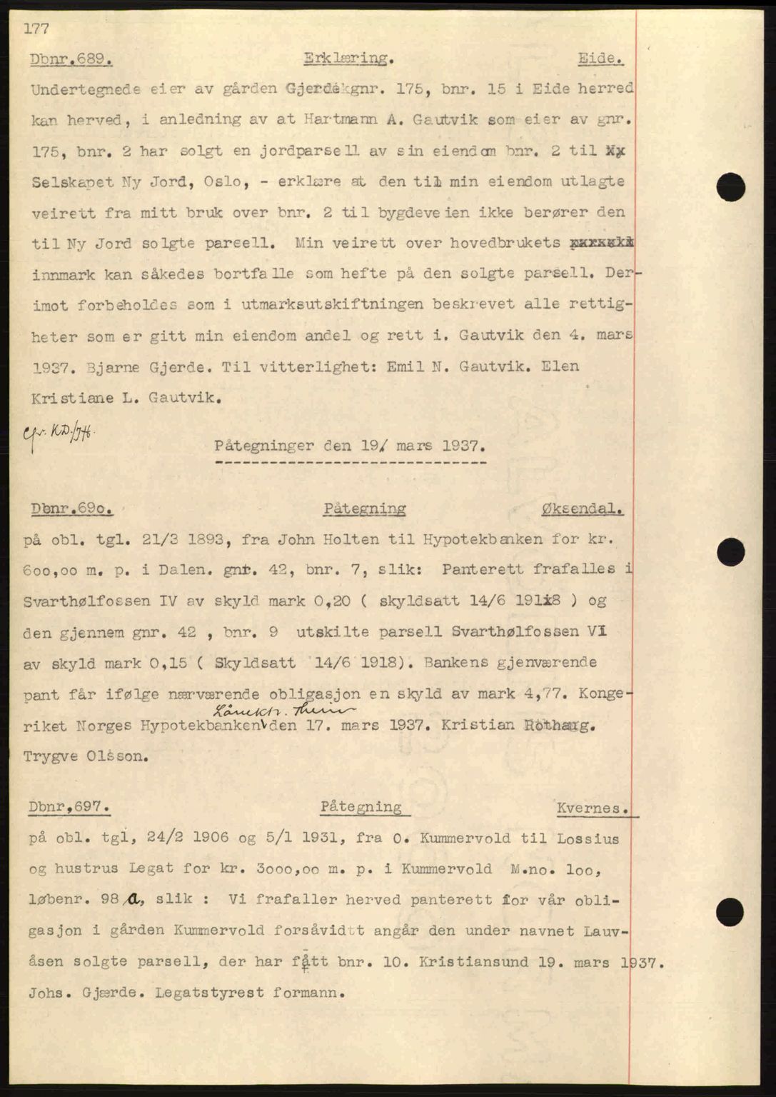 Nordmøre sorenskriveri, AV/SAT-A-4132/1/2/2Ca: Mortgage book no. C80, 1936-1939, Diary no: : 689/1937