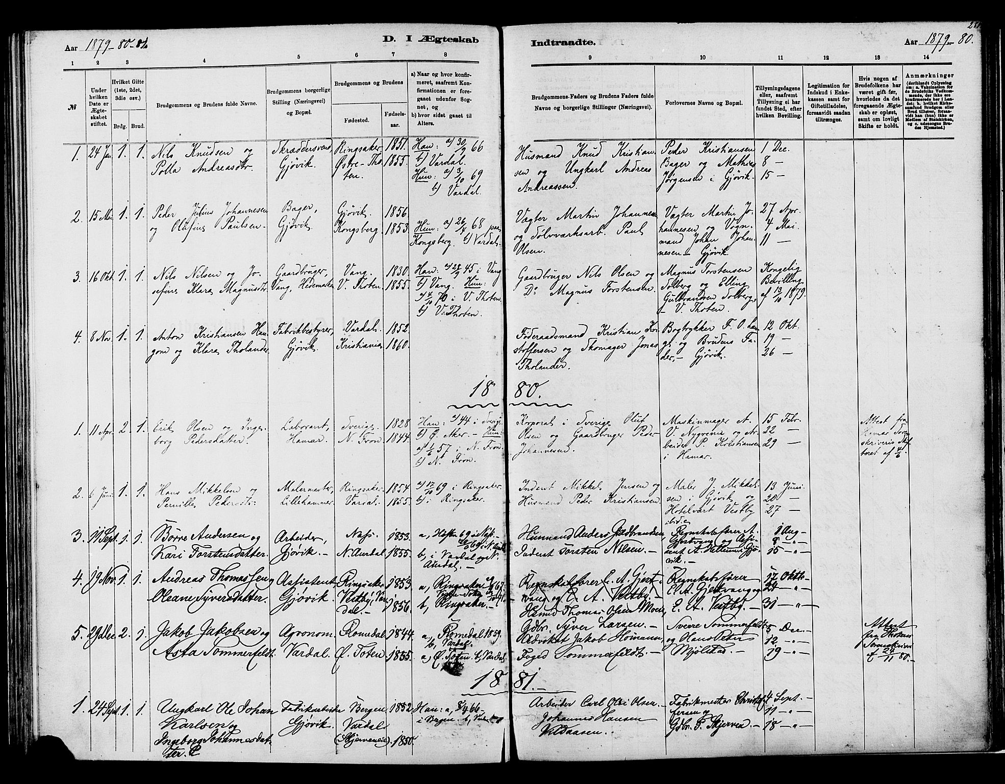Vardal prestekontor, SAH/PREST-100/H/Ha/Haa/L0008: Parish register (official) no. 8, 1878-1890, p. 281