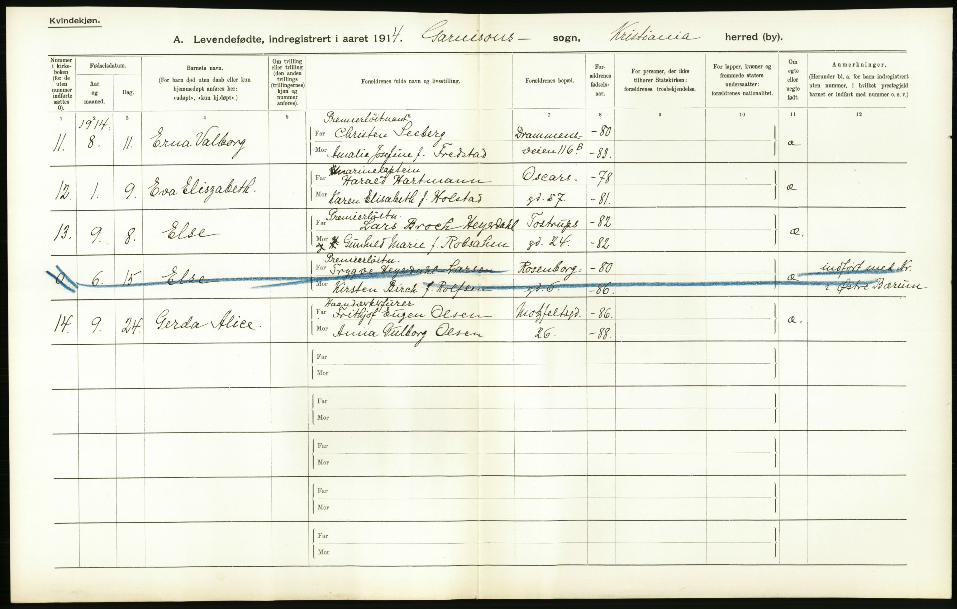 Statistisk sentralbyrå, Sosiodemografiske emner, Befolkning, AV/RA-S-2228/D/Df/Dfb/Dfbd/L0005: Kristiania: Levendefødte menn og kvinner., 1914, p. 464