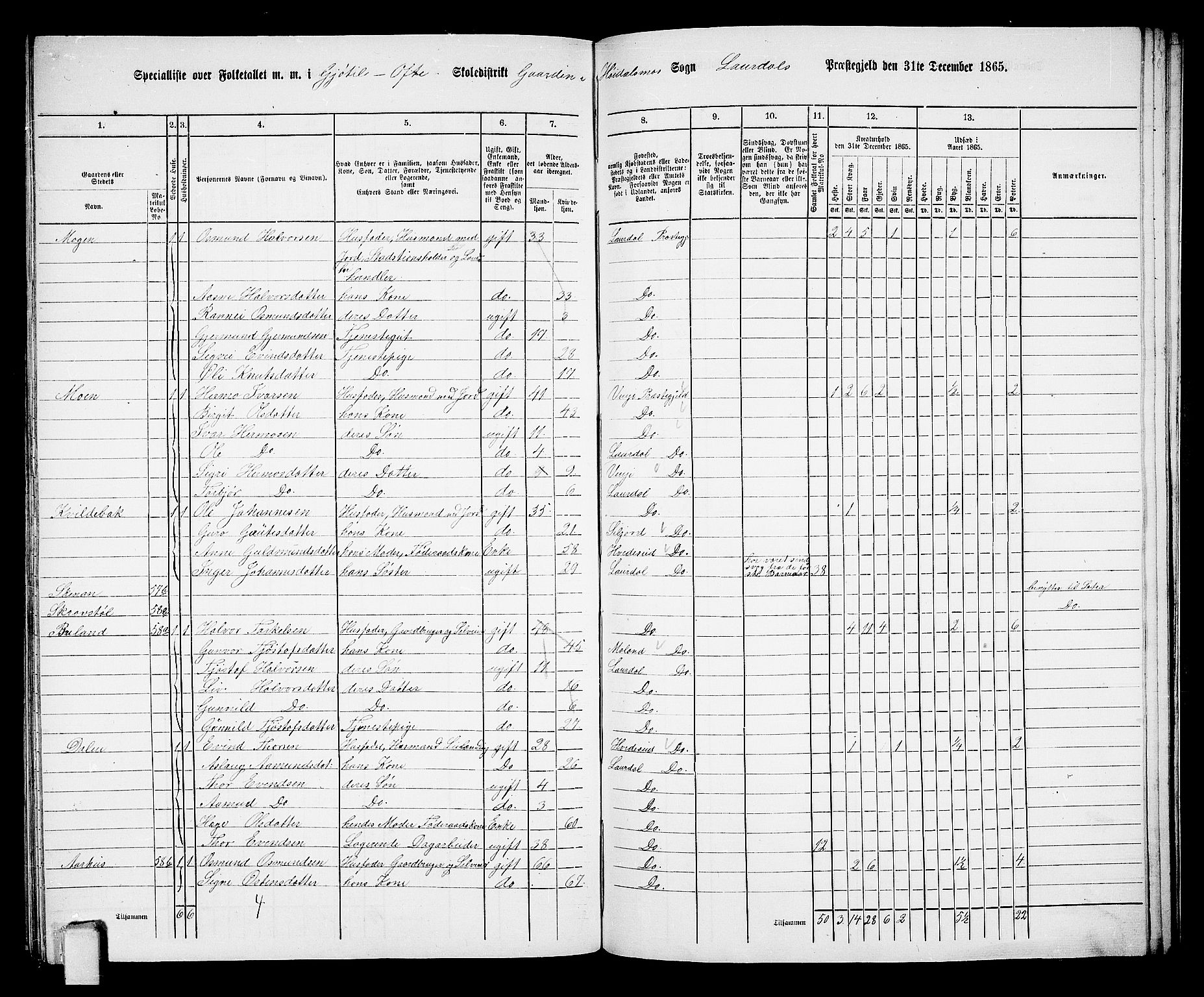 RA, 1865 census for Lårdal, 1865, p. 43