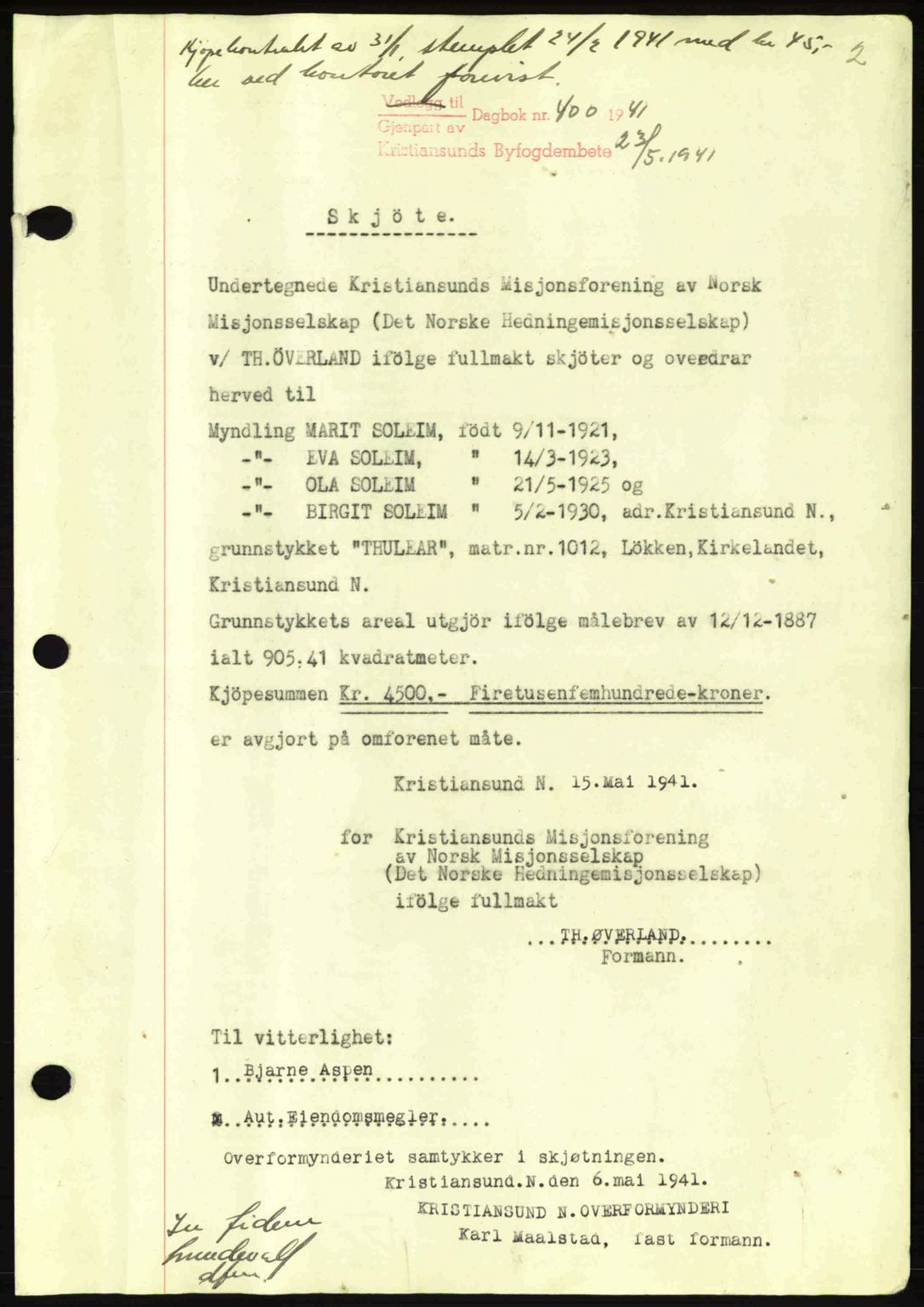 Kristiansund byfogd, AV/SAT-A-4587/A/27: Mortgage book no. 34, 1941-1945, Diary no: : 400/1941