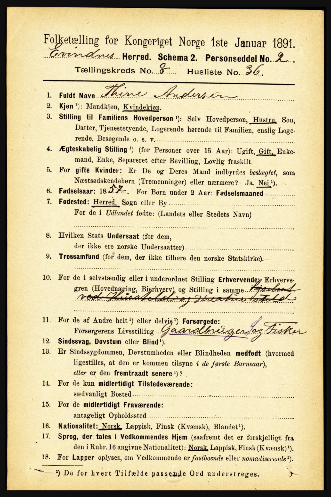 RA, 1891 census for 1853 Evenes, 1891, p. 2752