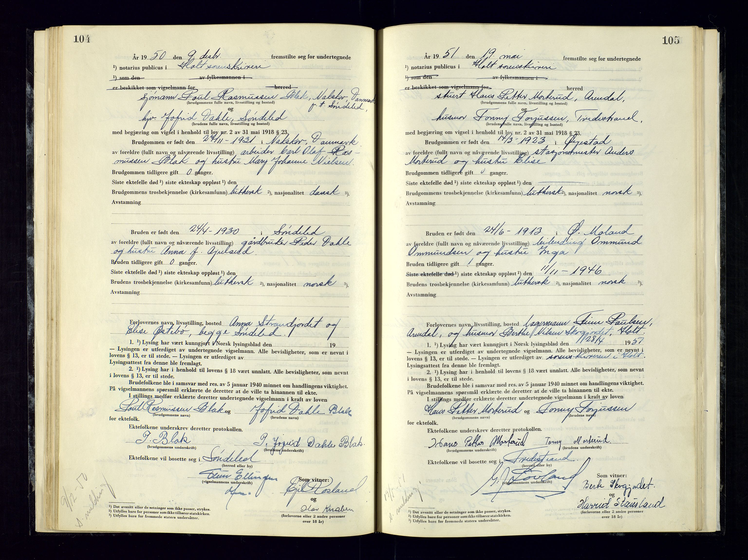 Holt sorenskriveri, AV/SAK-1221-0002/L/Ld/L0003: Vigselbok nr. 2, 1944-1964, p. 104-105