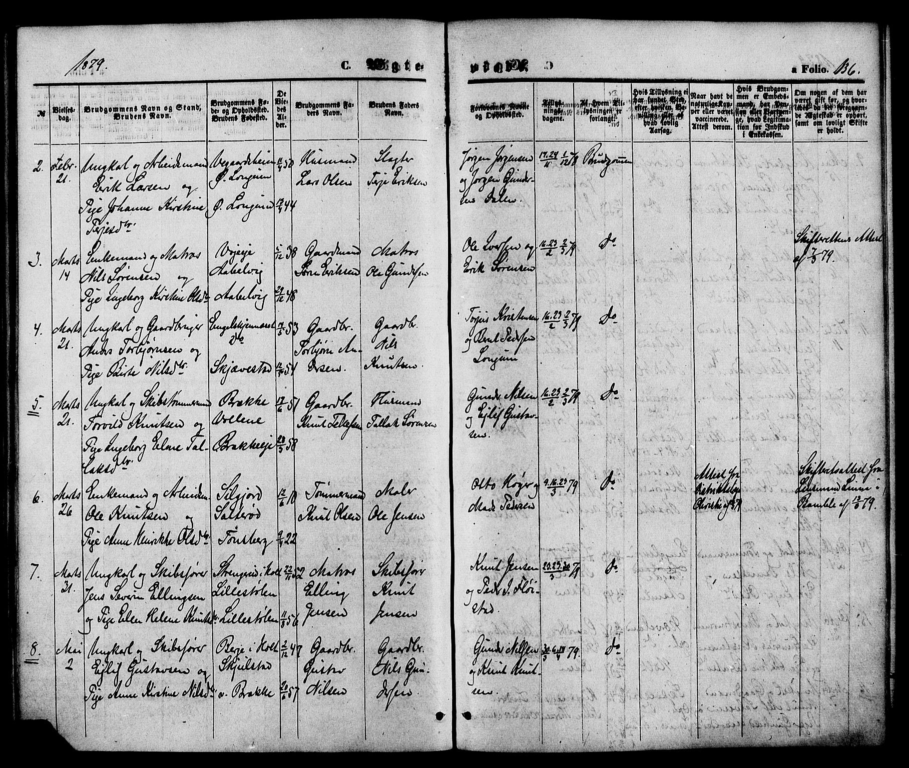 Austre Moland sokneprestkontor, AV/SAK-1111-0001/F/Fa/Faa/L0009: Parish register (official) no. A 9, 1869-1879, p. 136