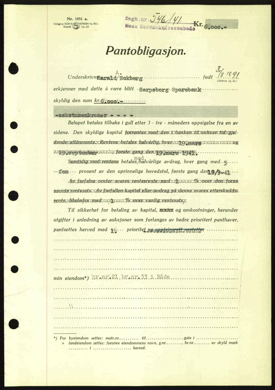 Moss sorenskriveri, SAO/A-10168: Mortgage book no. B10, 1940-1941, Diary no: : 546/1941