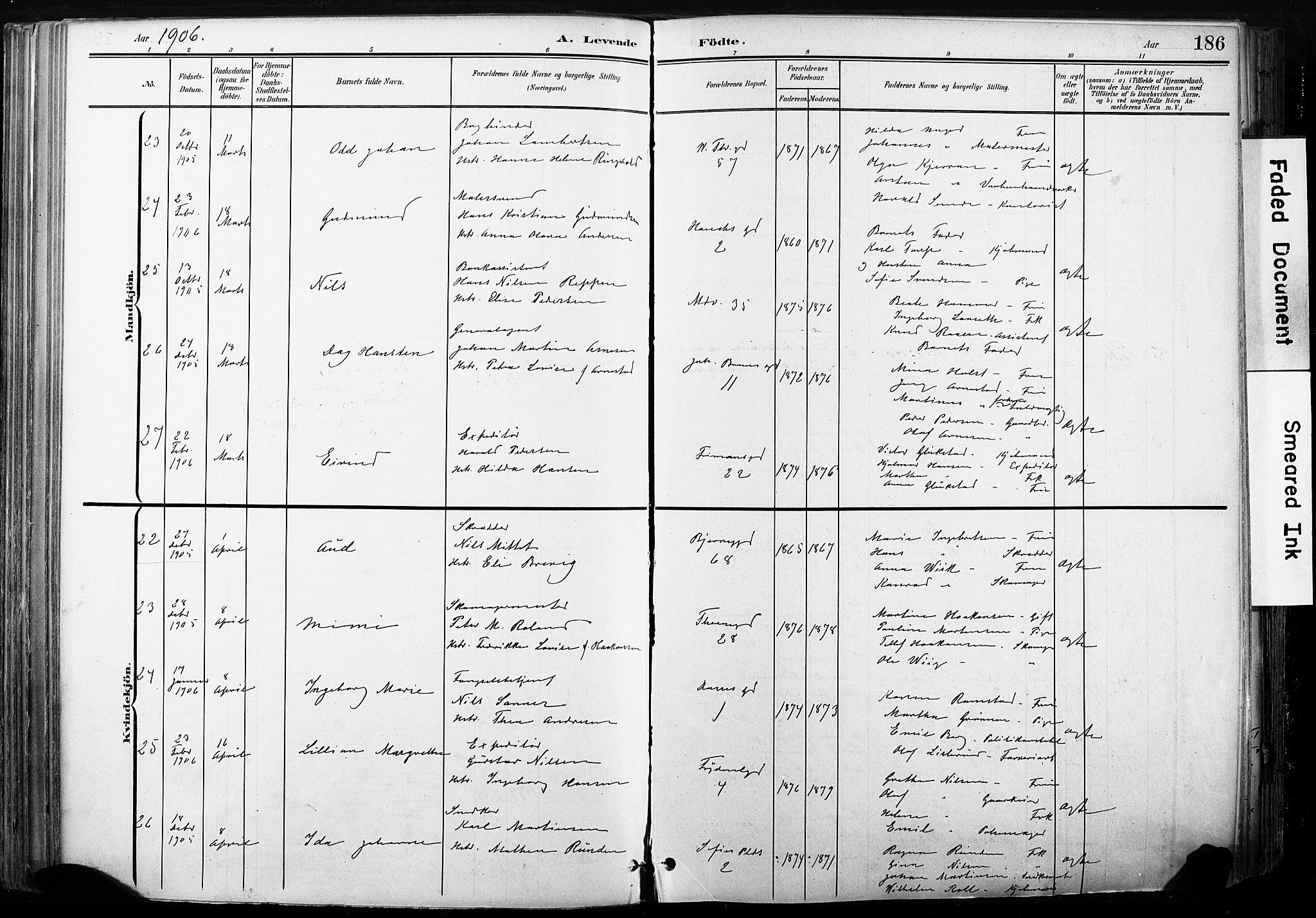 Gamle Aker prestekontor Kirkebøker, SAO/A-10617a/F/L0013: Parish register (official) no. 13, 1901-1908, p. 186