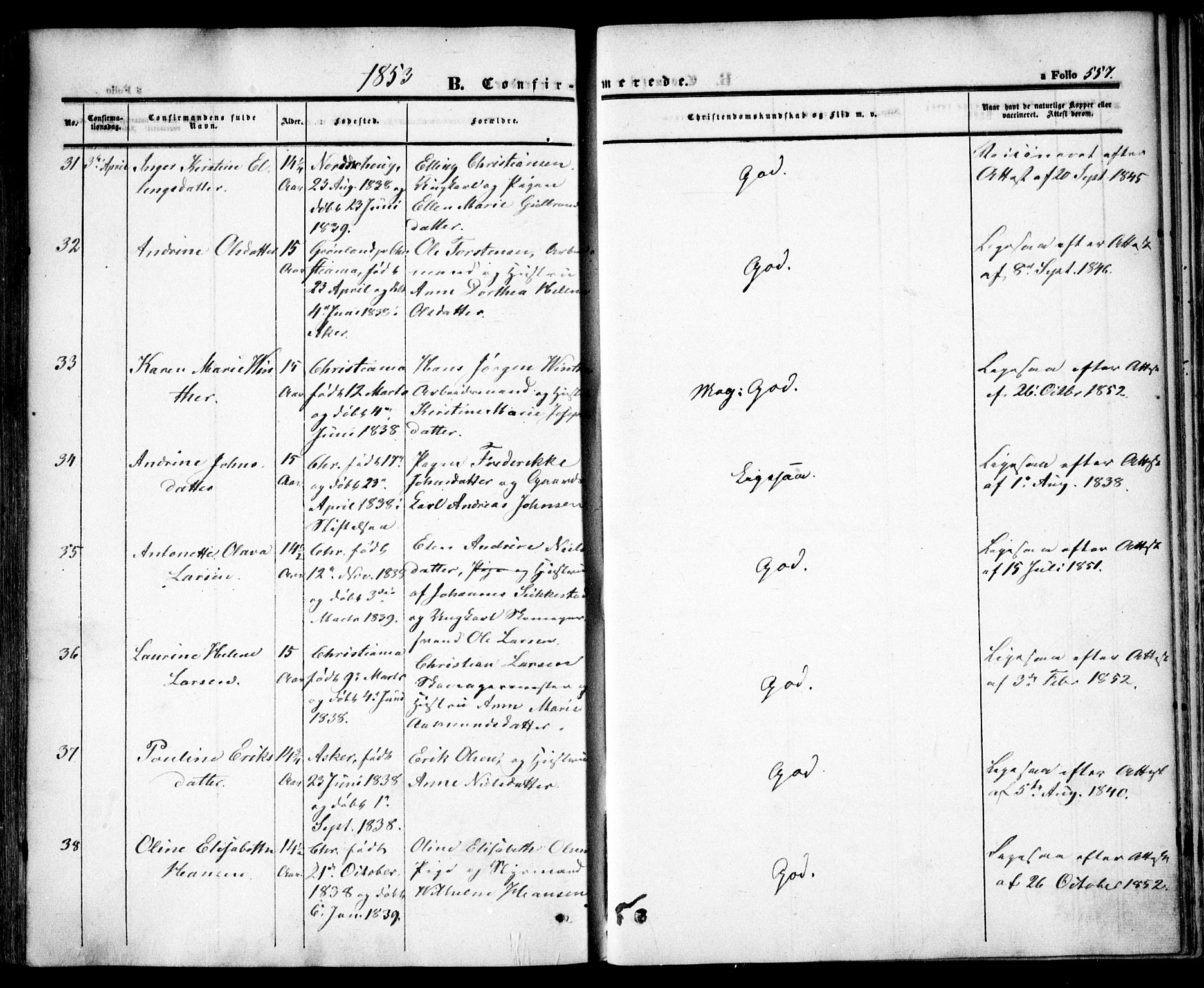 Oslo domkirke Kirkebøker, SAO/A-10752/F/Fa/L0013: Parish register (official) no. 13, 1844-1864, p. 557