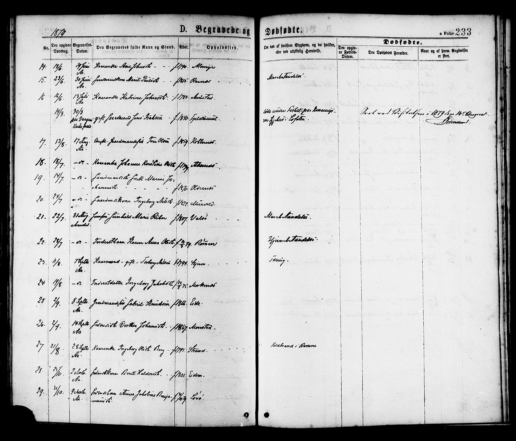 Ministerialprotokoller, klokkerbøker og fødselsregistre - Sør-Trøndelag, SAT/A-1456/655/L0679: Parish register (official) no. 655A08, 1873-1879, p. 233