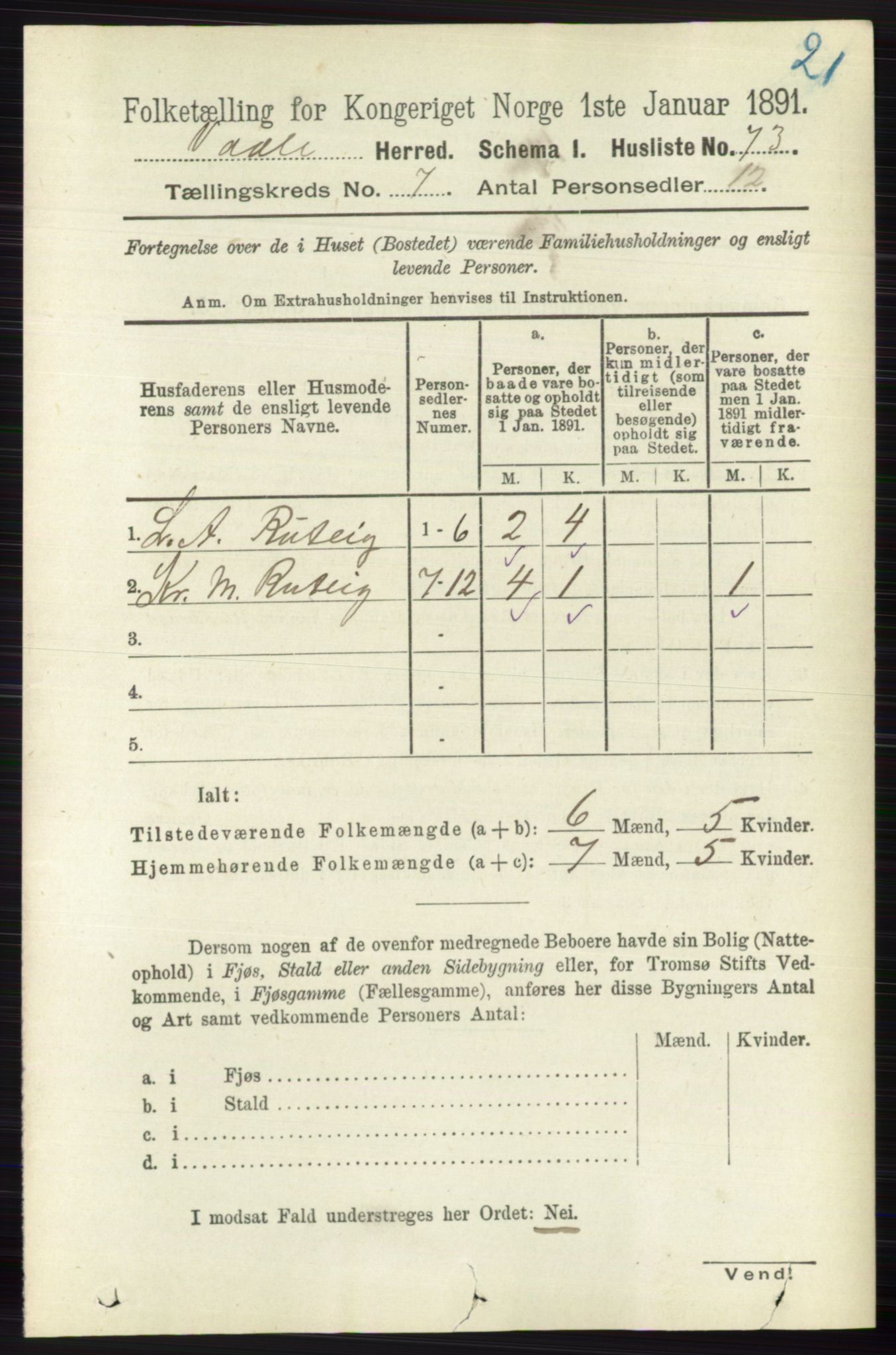 RA, 1891 census for 0716 Våle, 1891, p. 2378