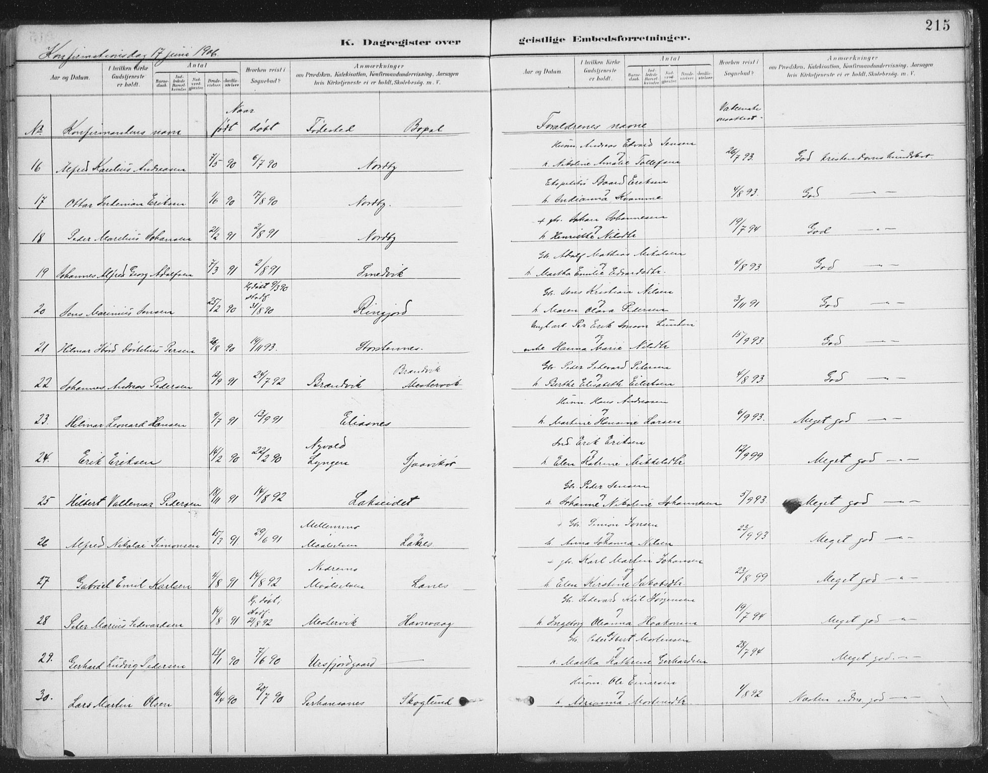 Balsfjord sokneprestembete, AV/SATØ-S-1303/G/Ga/L0007kirke: Parish register (official) no. 7, 1887-1909, p. 215