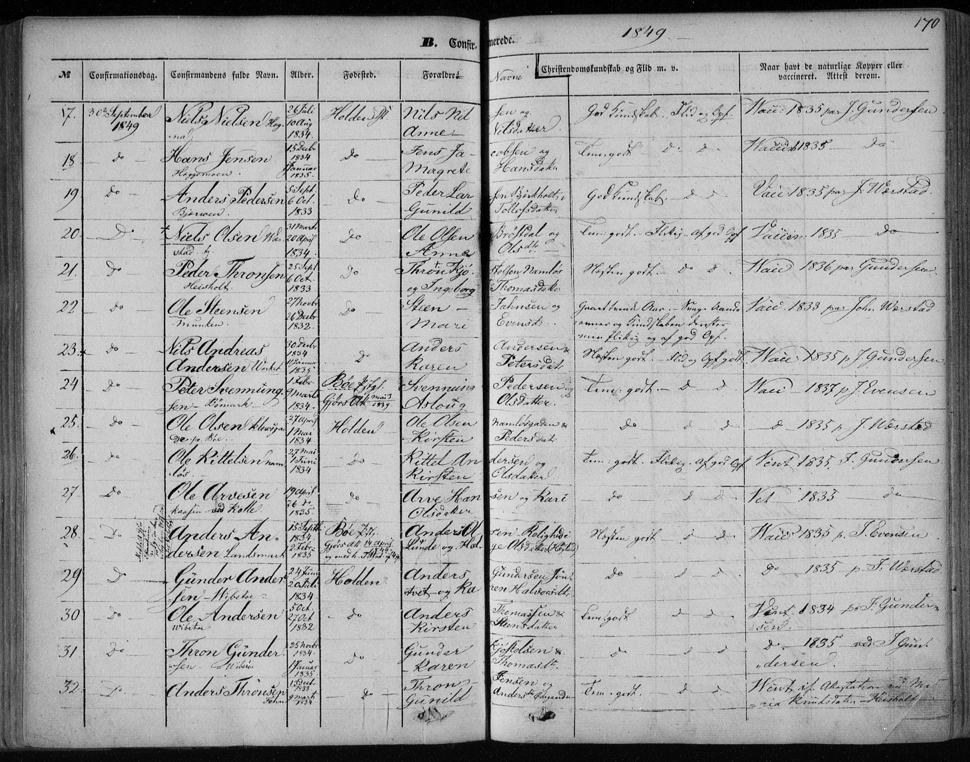 Holla kirkebøker, SAKO/A-272/F/Fa/L0005: Parish register (official) no. 5, 1849-1860, p. 170