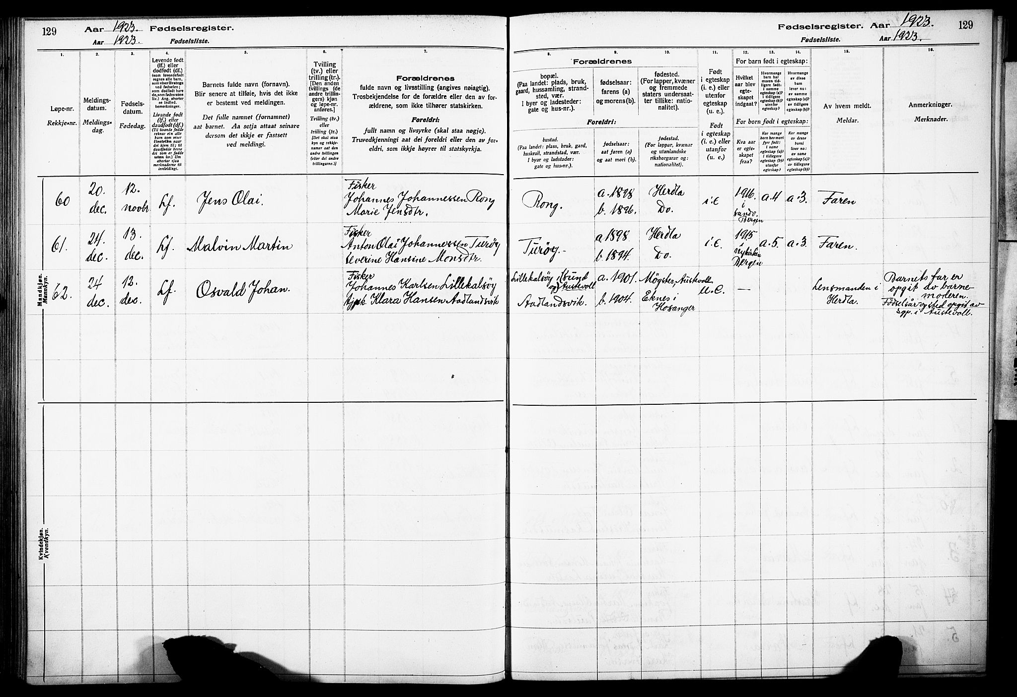 Herdla Sokneprestembete, AV/SAB-A-75701/I/Id/L00A1: Birth register no. A 1, 1916-1929, p. 129