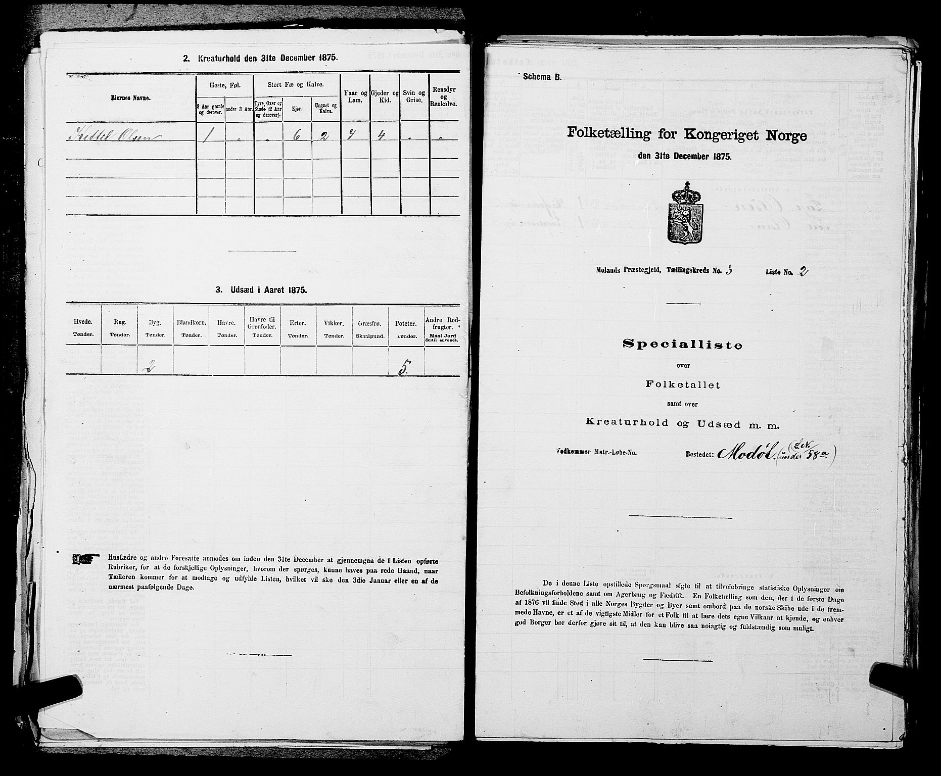 SAKO, 1875 census for 0831P Moland, 1875, p. 227