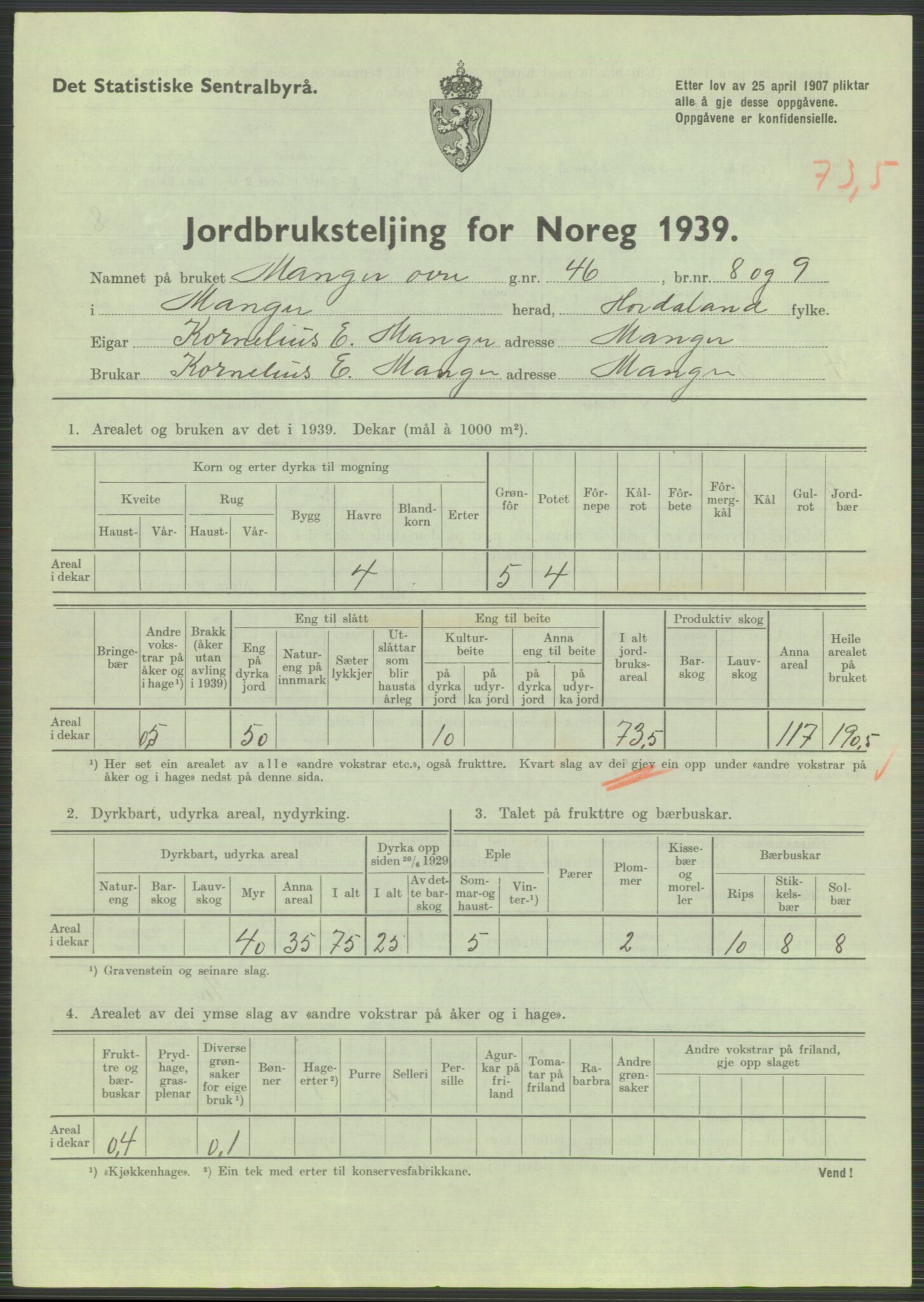 Statistisk sentralbyrå, Næringsøkonomiske emner, Jordbruk, skogbruk, jakt, fiske og fangst, AV/RA-S-2234/G/Gb/L0211: Hordaland: Herdla, Hjelme og Manger, 1939, p. 1745