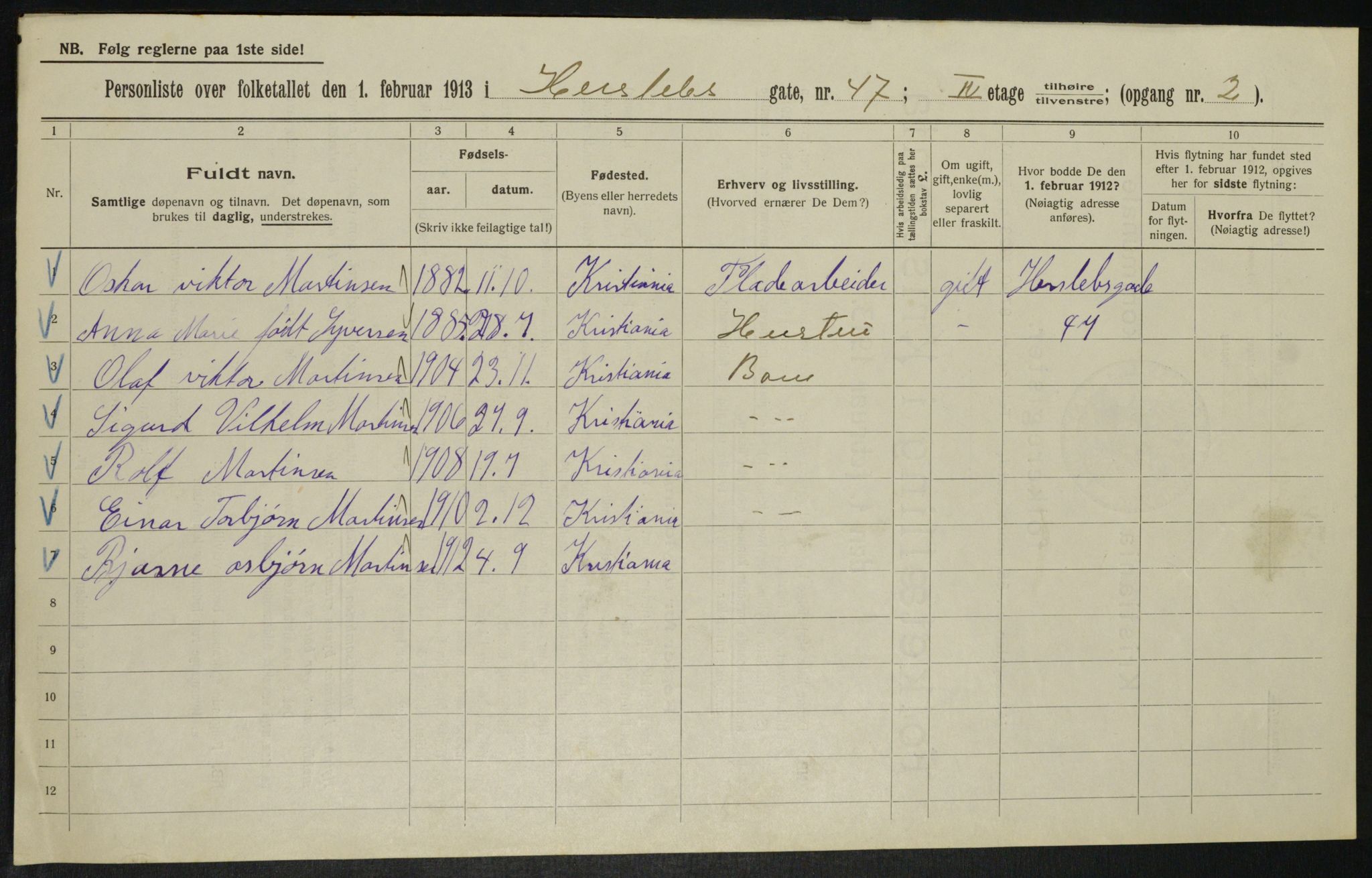 OBA, Municipal Census 1913 for Kristiania, 1913, p. 39662