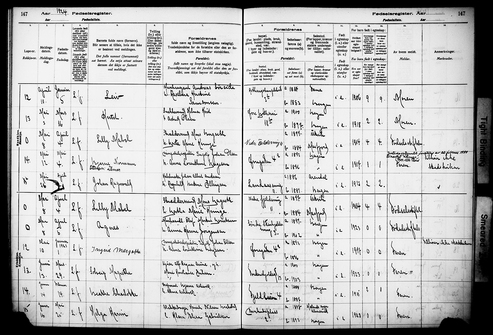 Korskirken sokneprestembete, SAB/A-76101/I/Id/L00A1: Birth register no. A 1, 1916-1929, p. 147