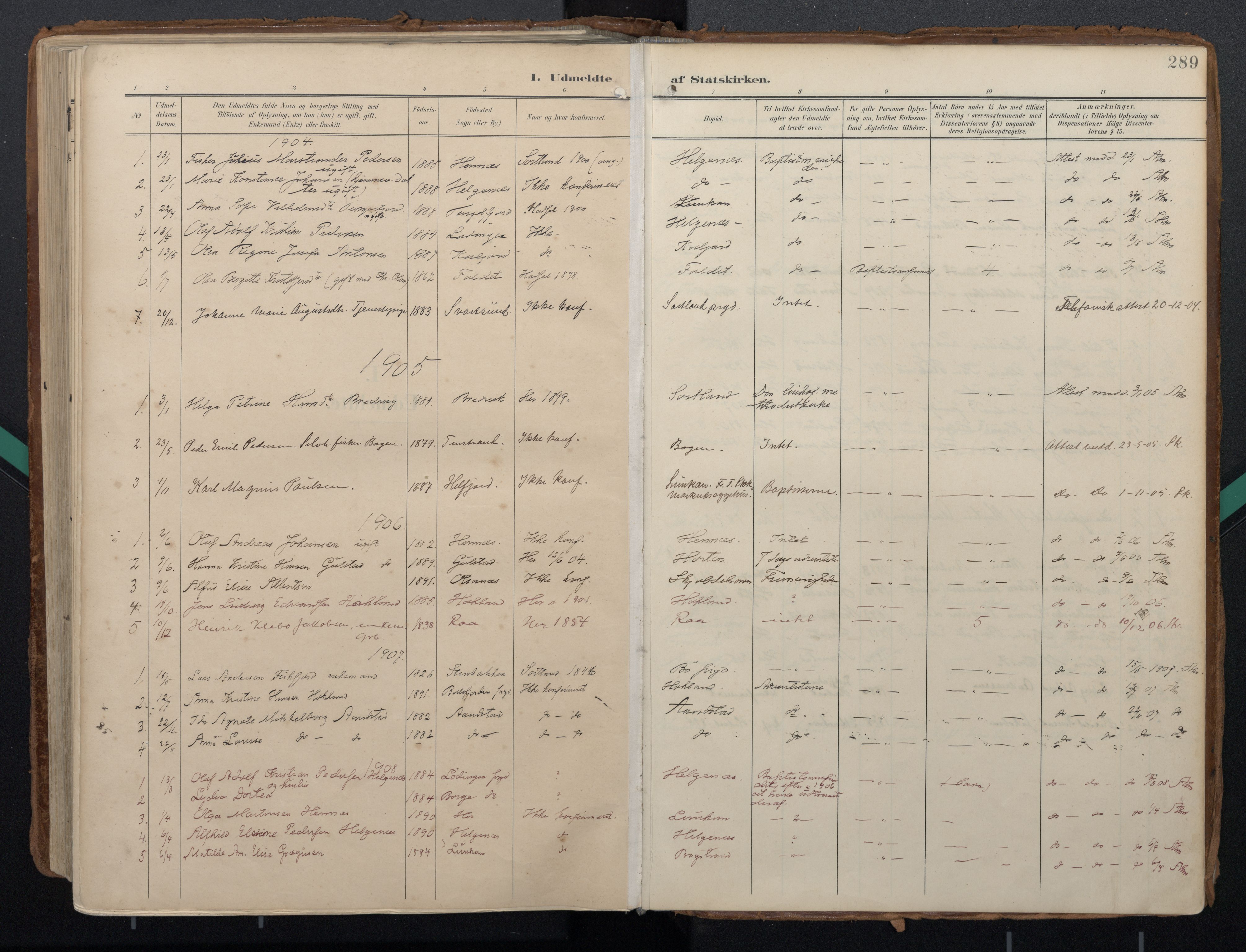 Ministerialprotokoller, klokkerbøker og fødselsregistre - Nordland, AV/SAT-A-1459/888/L1248: Parish register (official) no. 888A14, 1904-1913, p. 289