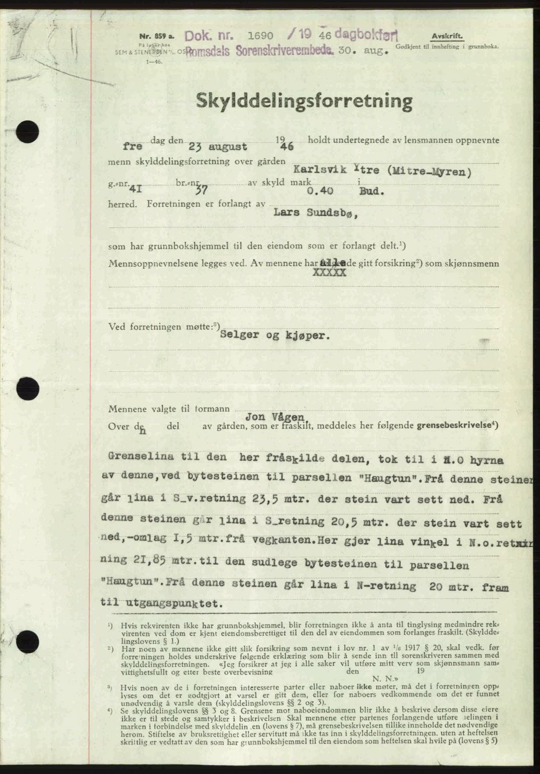 Romsdal sorenskriveri, AV/SAT-A-4149/1/2/2C: Mortgage book no. A20, 1946-1946, Diary no: : 1690/1946