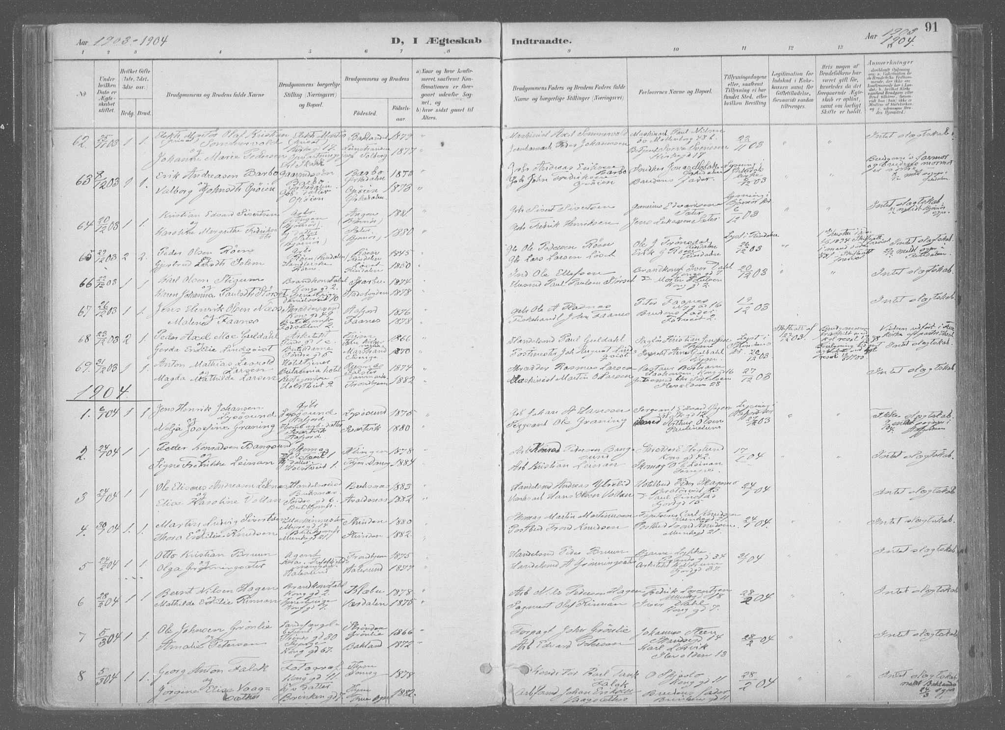Ministerialprotokoller, klokkerbøker og fødselsregistre - Sør-Trøndelag, SAT/A-1456/601/L0064: Parish register (official) no. 601A31, 1891-1911, p. 91