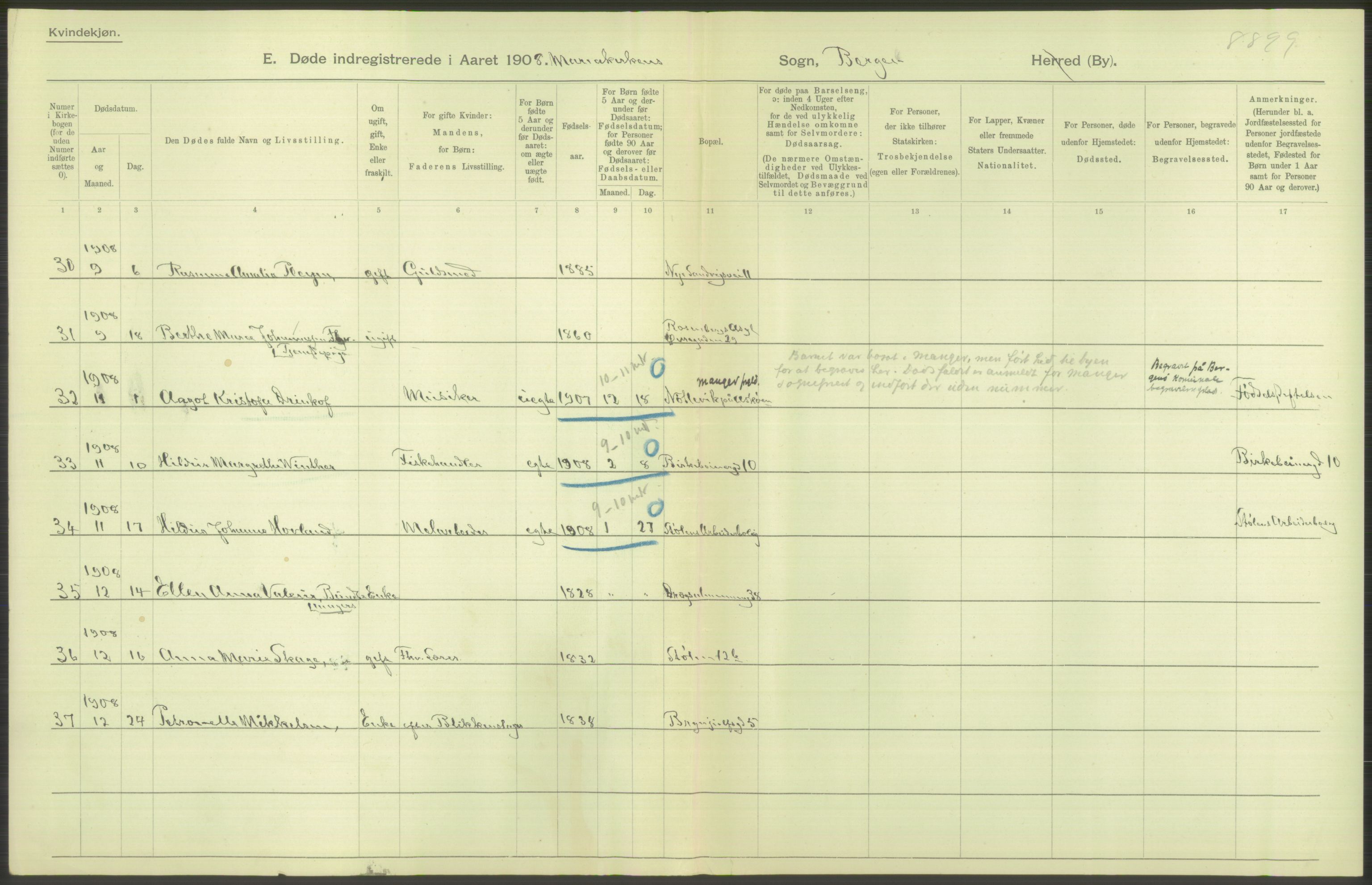 Statistisk sentralbyrå, Sosiodemografiske emner, Befolkning, AV/RA-S-2228/D/Df/Dfa/Dfaf/L0031: Bergen: Gifte, døde, dødfødte., 1908, p. 74